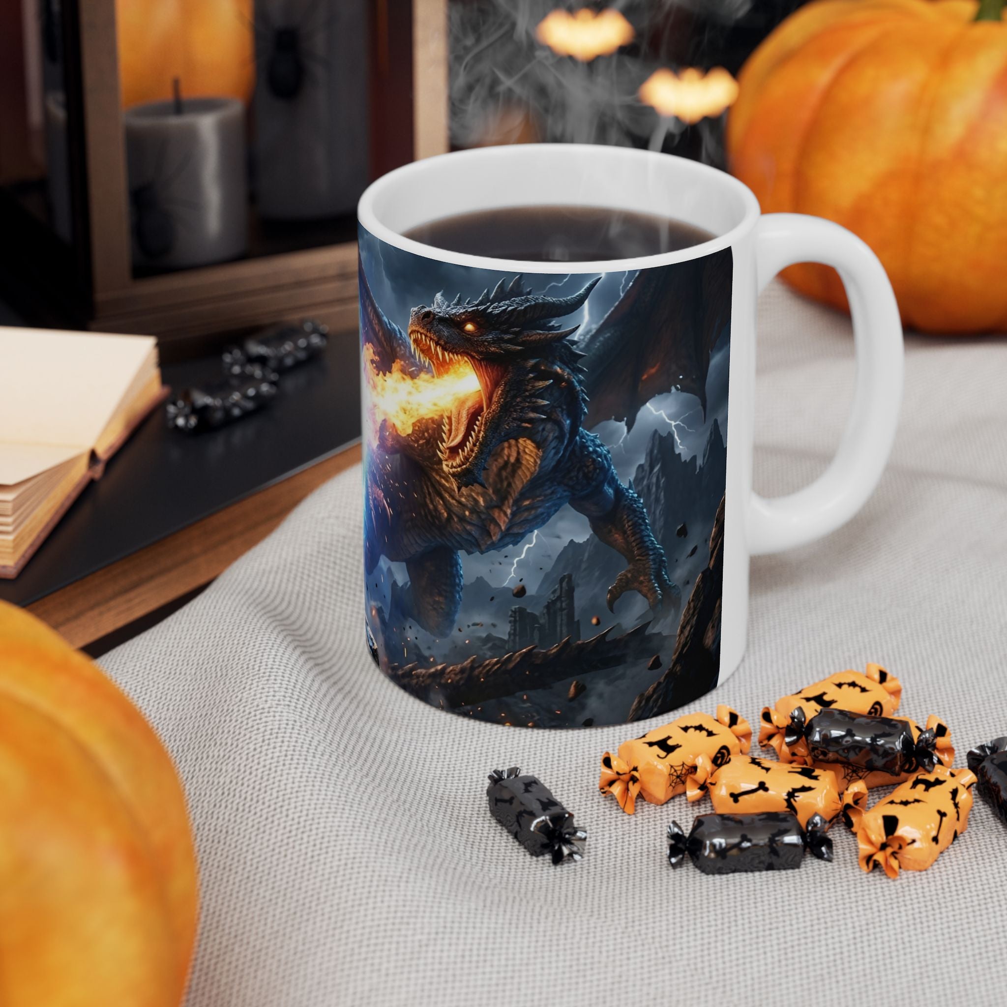 Dragon Battle #2 White Ceramic Mug — Epic Fantasy Gaming Adventure Scene (11oz, 15oz)