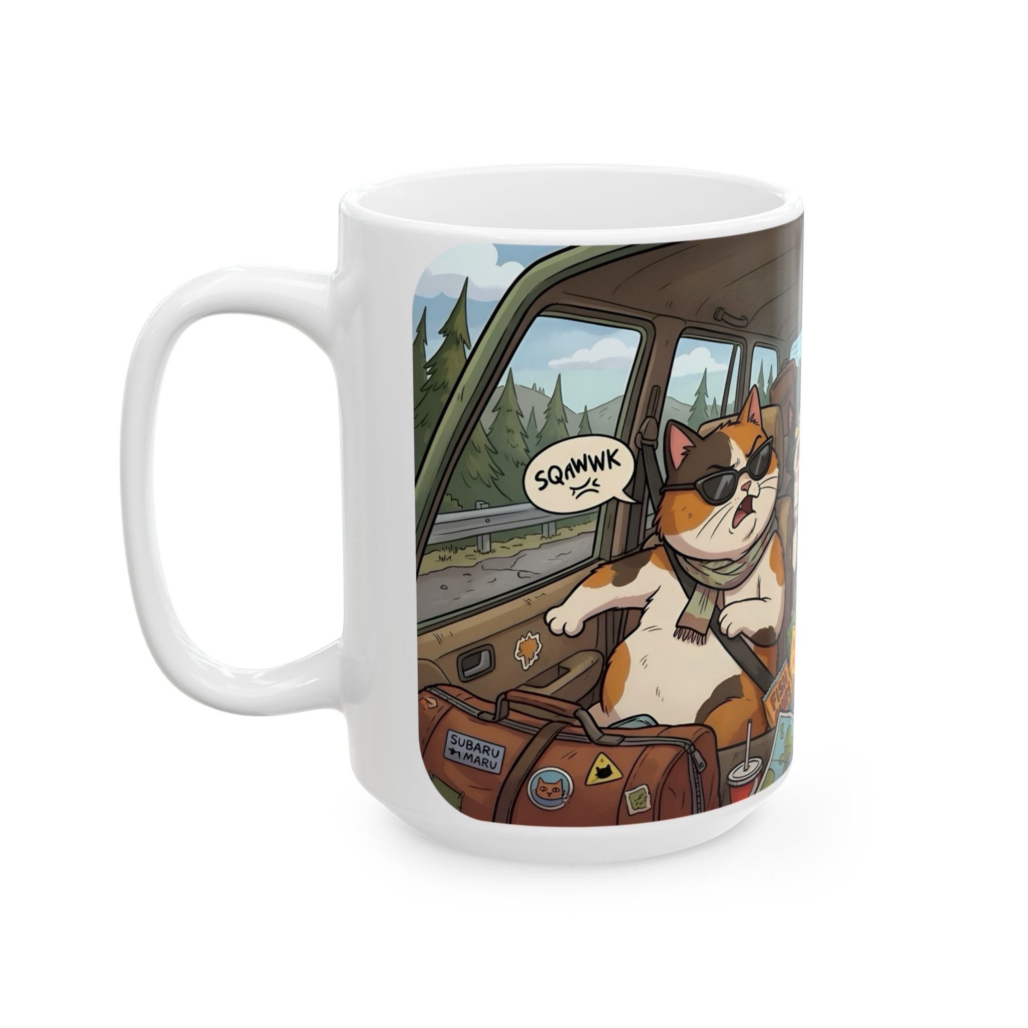 Angry Cats On A Road Trip White Ceramic Mug — Funny Kitty Crew Travel Cup (11oz, 15oz)