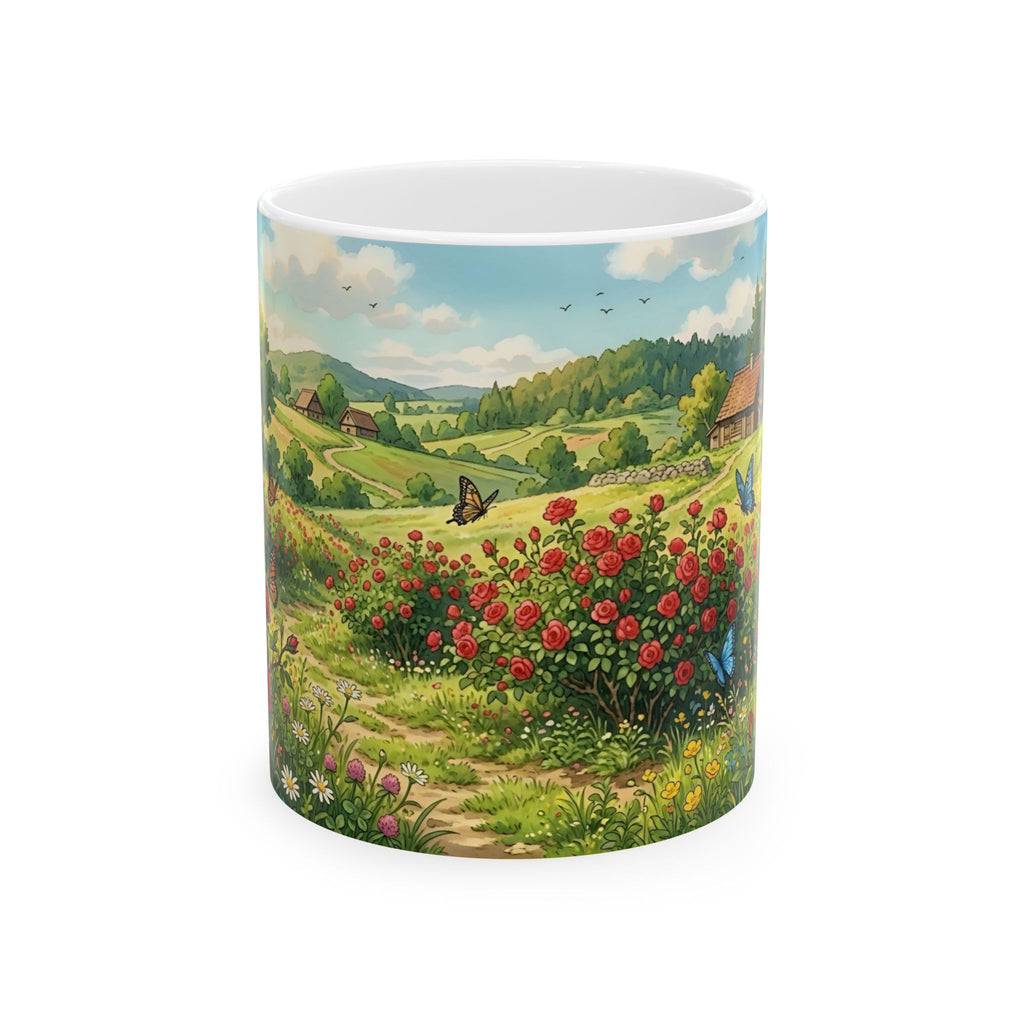 Scenic Countryside White Ceramic Mug — Floral Garden & Butterflies 11oz/15oz