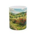 Scenic Countryside White Ceramic Mug — Floral Garden & Butterflies 11oz/15oz