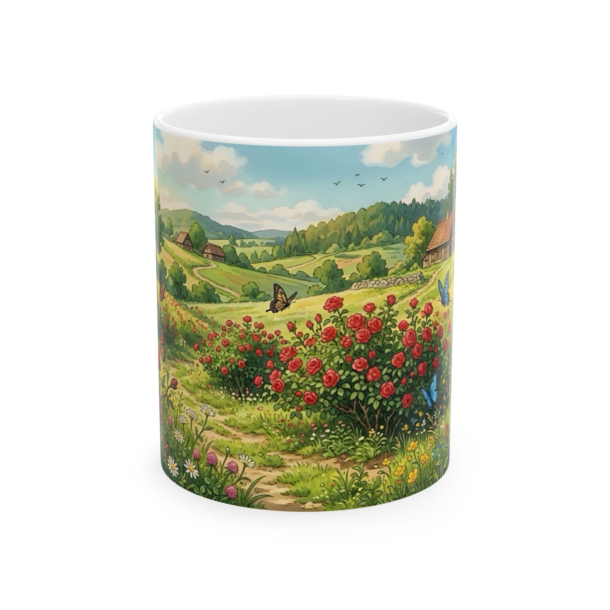 Scenic Countryside White Ceramic Mug — Floral Garden & Butterflies 11oz/15oz