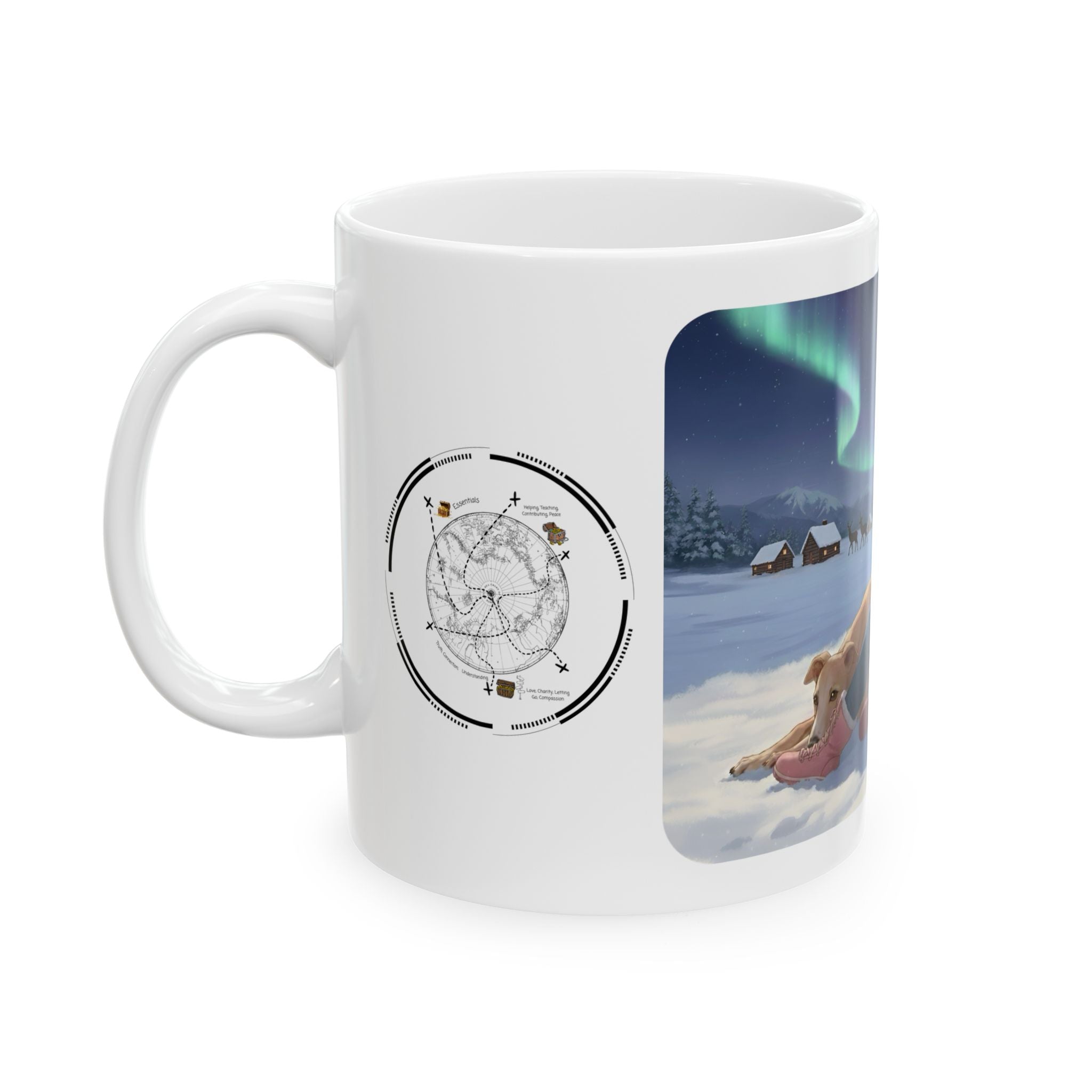 Cozy Winter Night Sky & Reindeer Charm Anime White Ceramic Mug — Greyhound & Siberian Cat under Northern Lights Cup (11oz, 15oz)