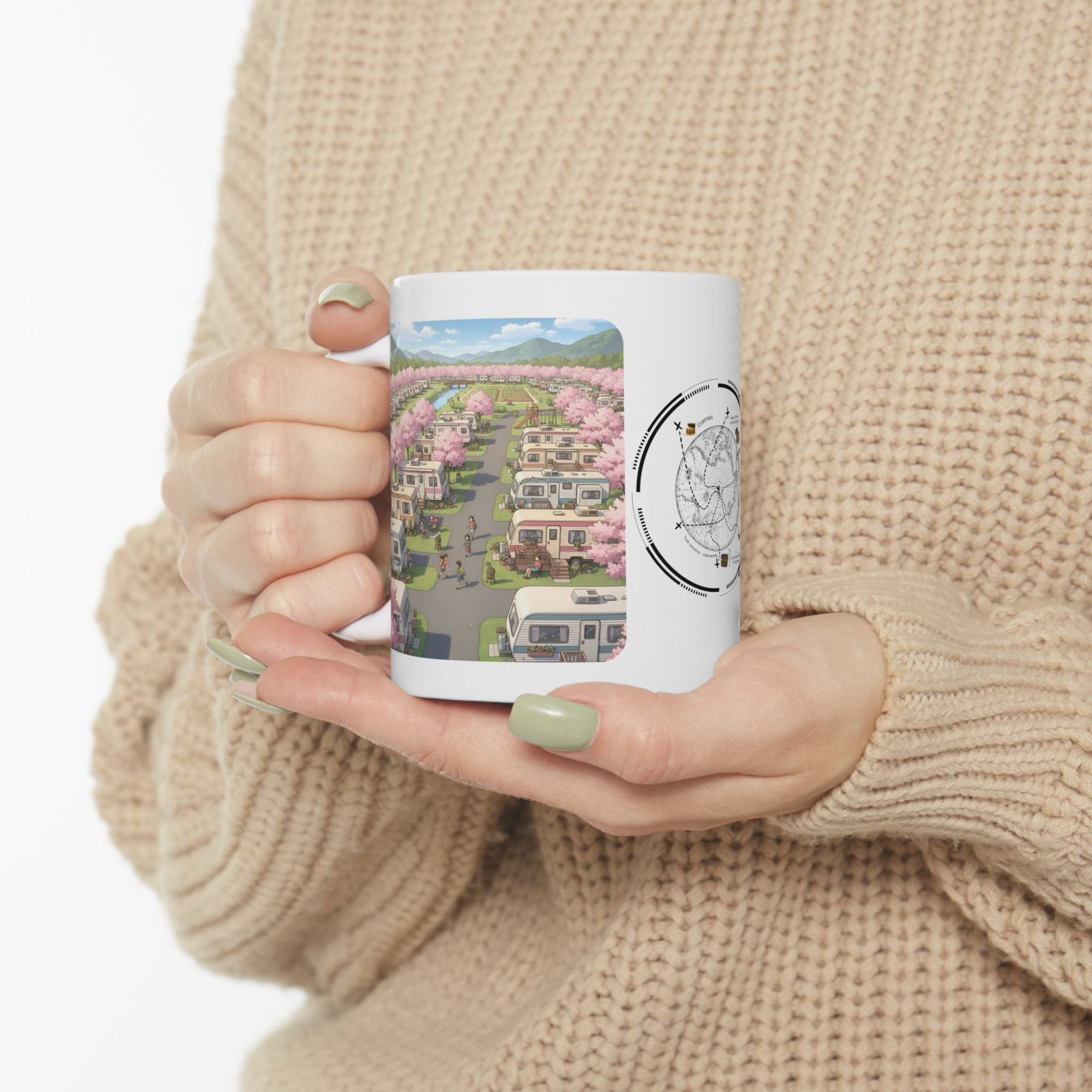 Kawaii English Garden Wildflower Meadow White Ceramic Mug — Cherry Blossom RV Camping Village Cup (11oz/15oz)