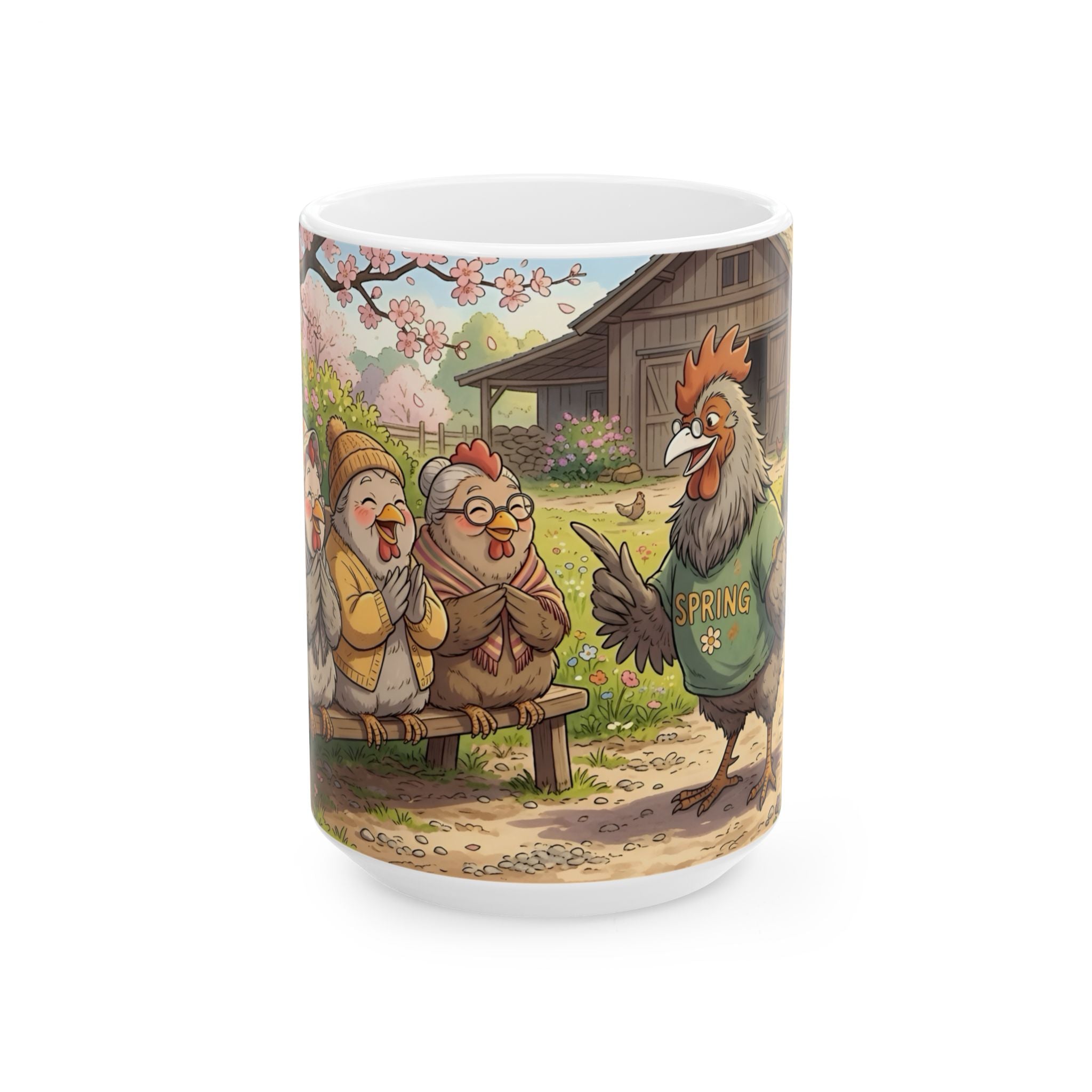 Spring Rooster & Chickens White Ceramic Mug — Cute & Cozy Country Farm Tea Cup (11oz/15oz)
