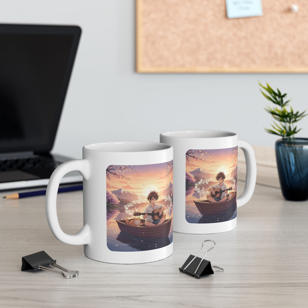 Young Guitarist & Ginger Cat Sunset Lake White Ceramic Mug — Tranquil Nature Musical Companions Cup (11oz, 15oz)