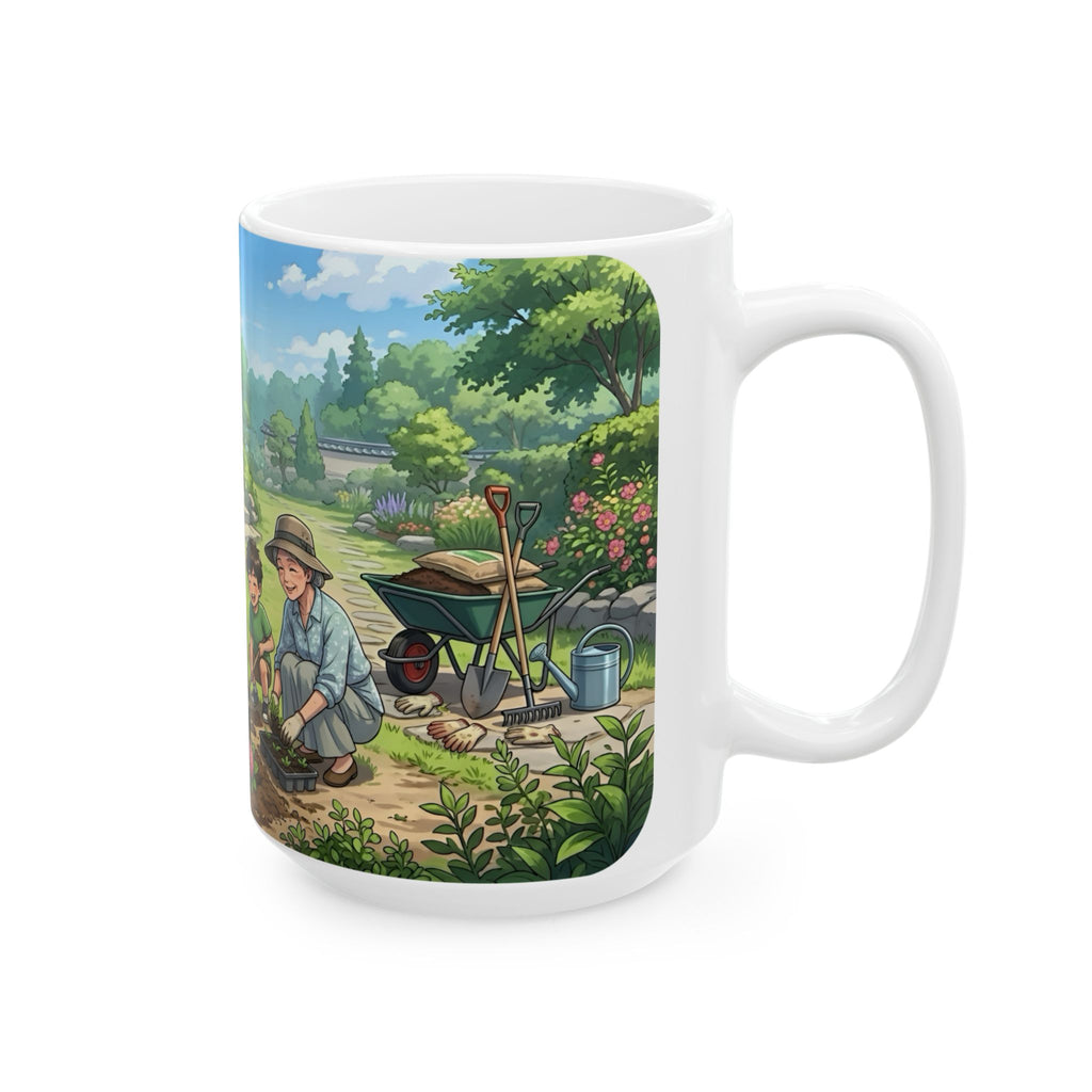 Garden Family Love White Ceramic Mug — Cozy Countryside Landscaping Tea Cup (11oz & 15oz)