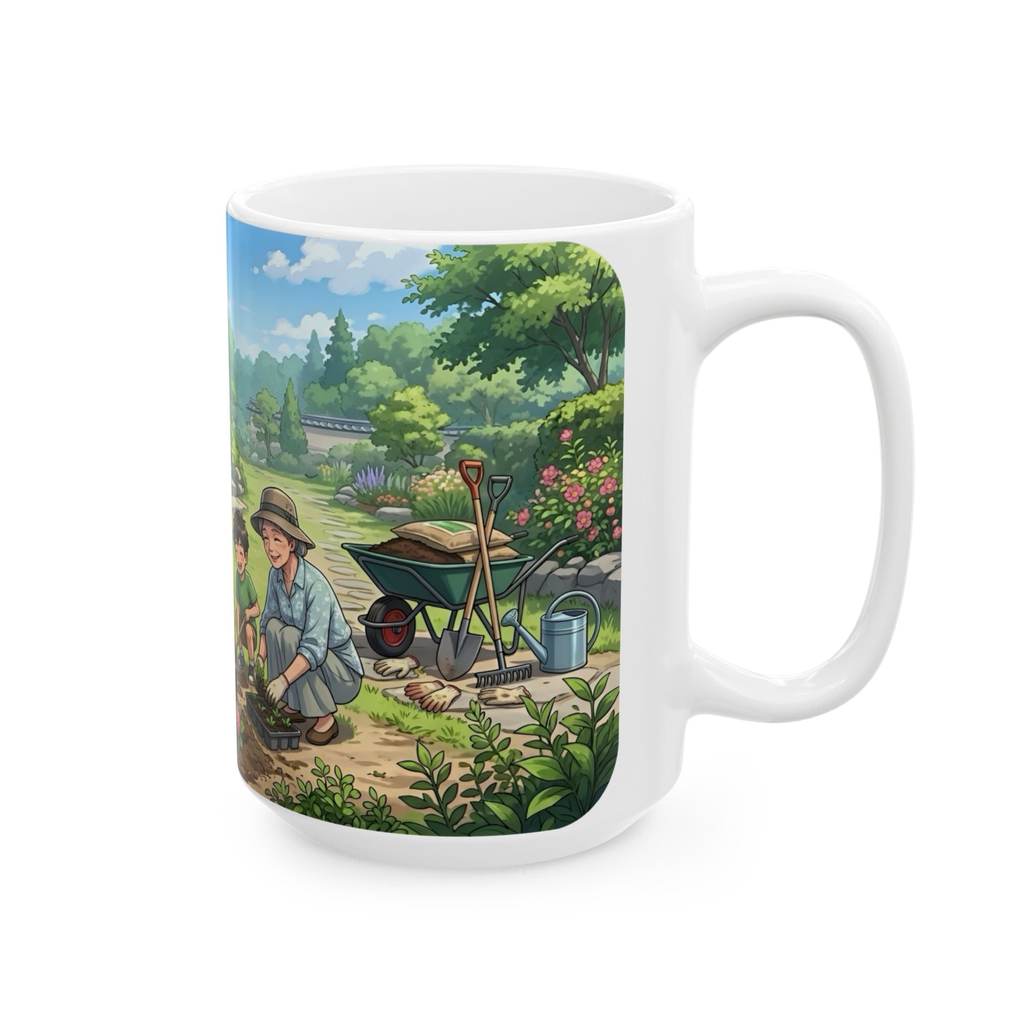 Garden Family Love White Ceramic Mug — Cozy Countryside Landscaping Tea Cup (11oz & 15oz)