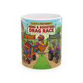 Hens & Roosters Drag Race White Ceramic Mug — Funny Farm Fraternity Racing Tea Cup (11oz/15oz)