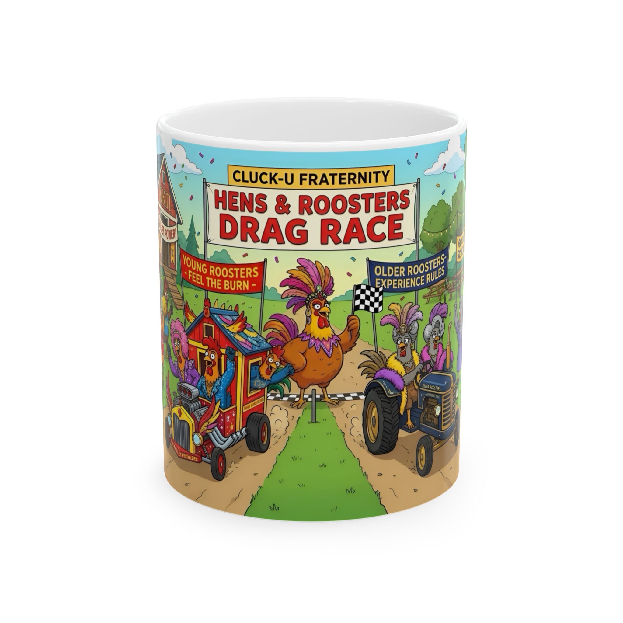 Hens & Roosters Drag Race White Ceramic Mug — Funny Farm Fraternity Racing Tea Cup (11oz/15oz)