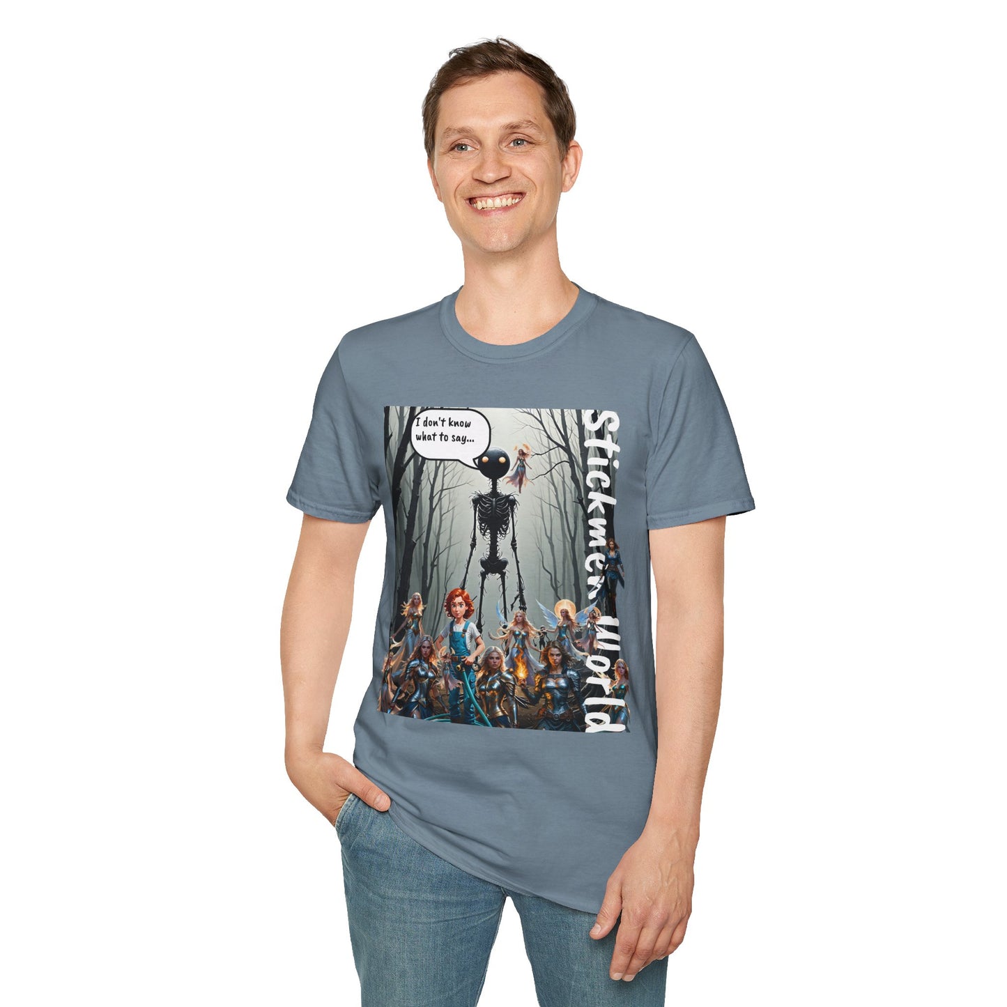 Stickmen World Unisex Softstyle T-Shirt, Fantasy Women Shirt, Warrior Men's Dream Shirt, Heroic Fantasy Shirt, Humorous Tee, Men Love Strong Women, Strong Females Sarcastic Tee