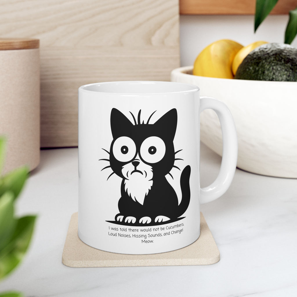 Cat Contemplating Catastrophe White Ceramic Mug - Cute Anxious Black Kitten Tea Cup (11oz & 15oz)