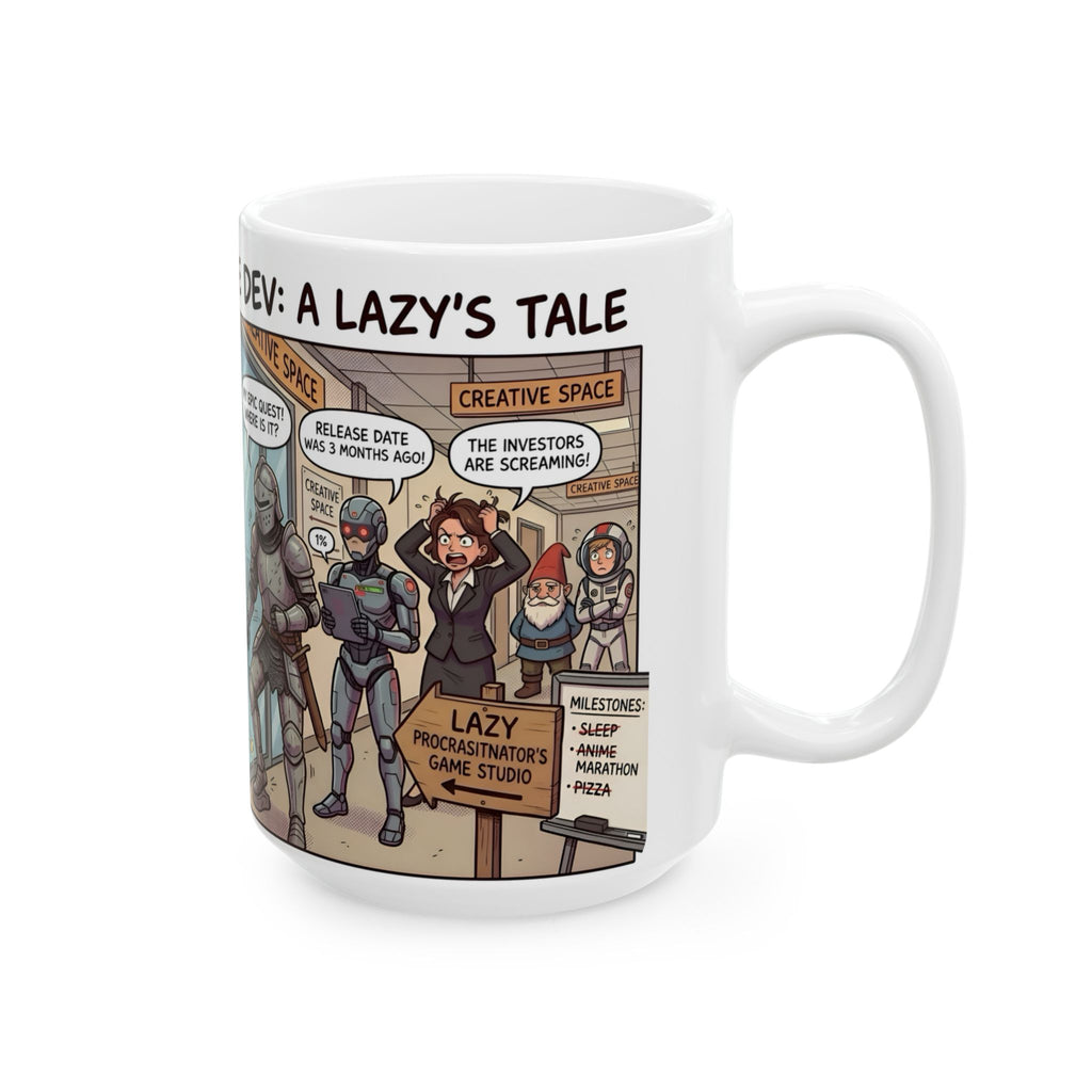 Humorous Game Developer White Ceramic Mug — 'The Life of the Indie Game Dev' Tea Cup (11oz/15oz)