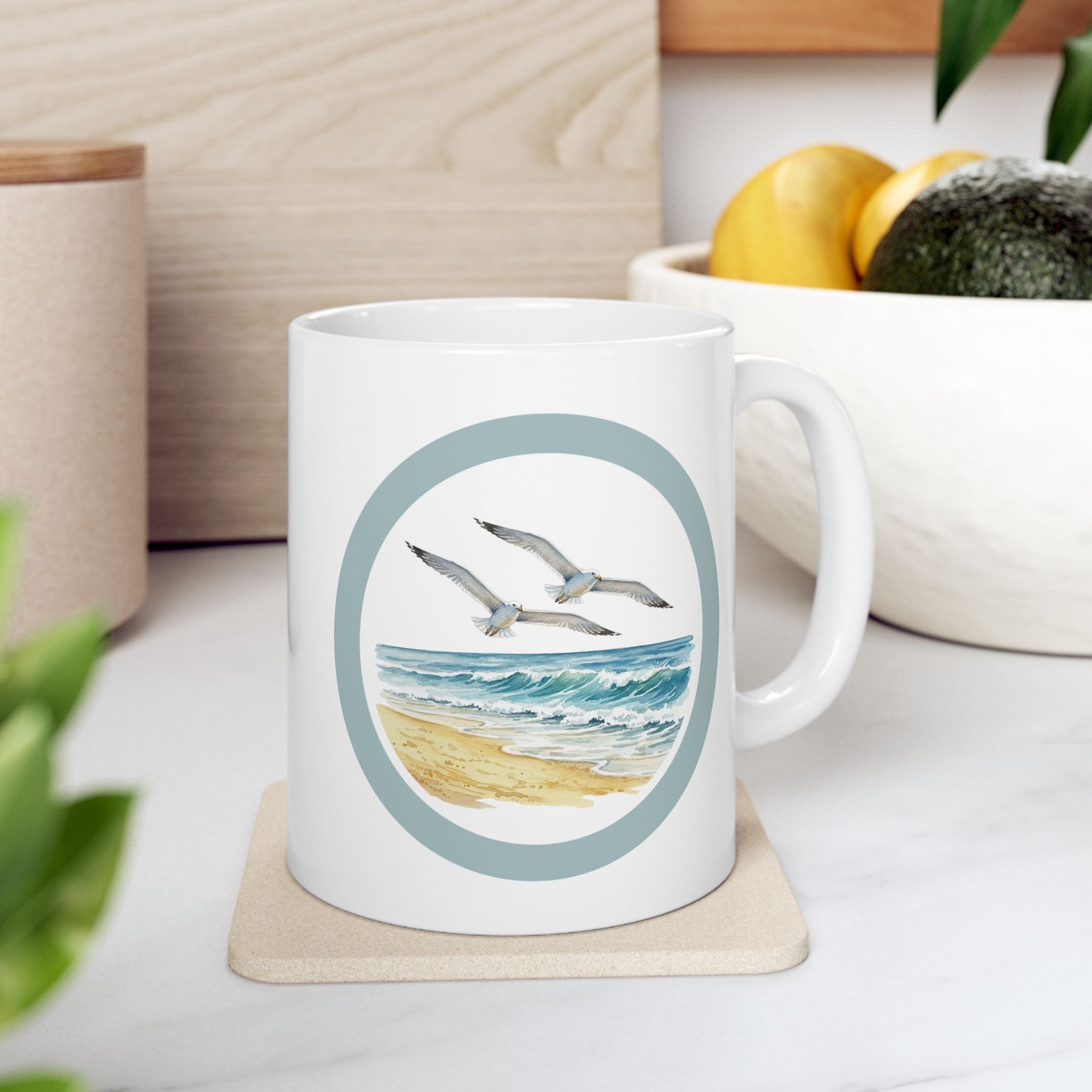 Ocean Seagulls White Ceramic Mug - Beach Watercolor Tea Cup (11oz, 15oz)