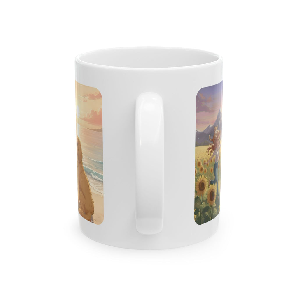 Goldendoodle Dog Orange Cat Sunset & Sunflower White Ceramic Mug — Peaceful Waves Anime Girl Boho Beach Vibes Cup (11oz, 15oz)