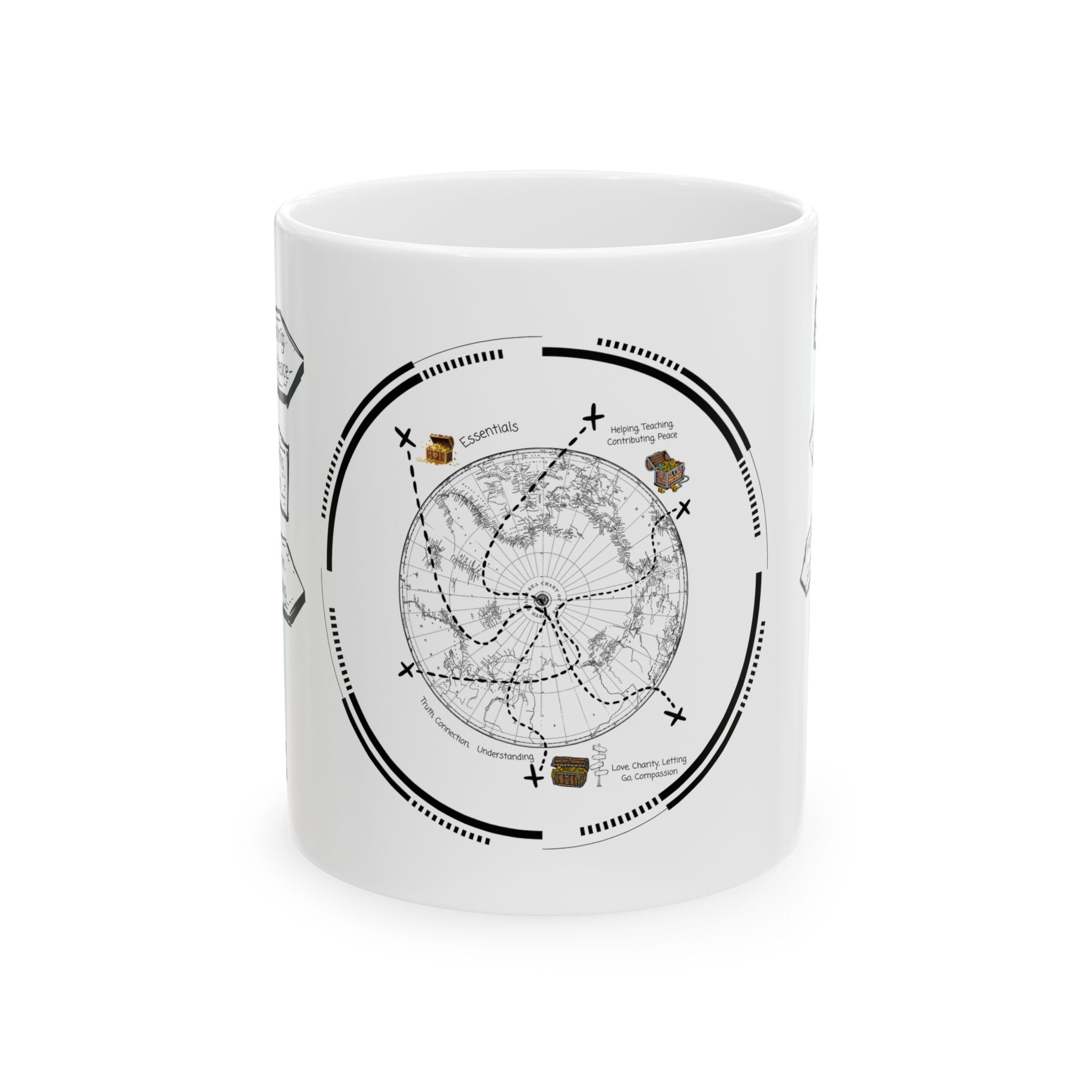 The Essentials Adventure Map #2 White Ceramic Mug — Nautical Compass Life & Treasure Trail Cup (11oz/15oz)