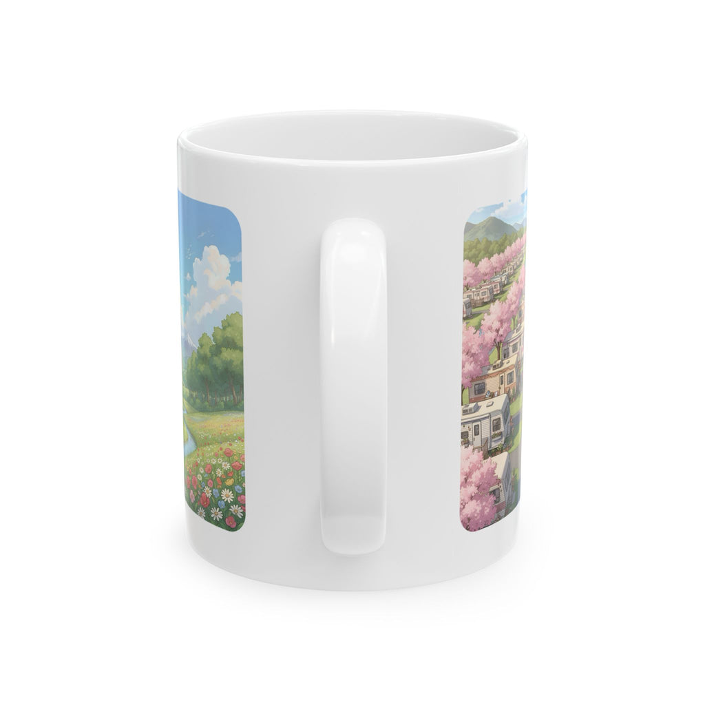 Kawaii English Garden Wildflower Meadow White Ceramic Mug — Cherry Blossom RV Camping Village Cup (11oz/15oz)