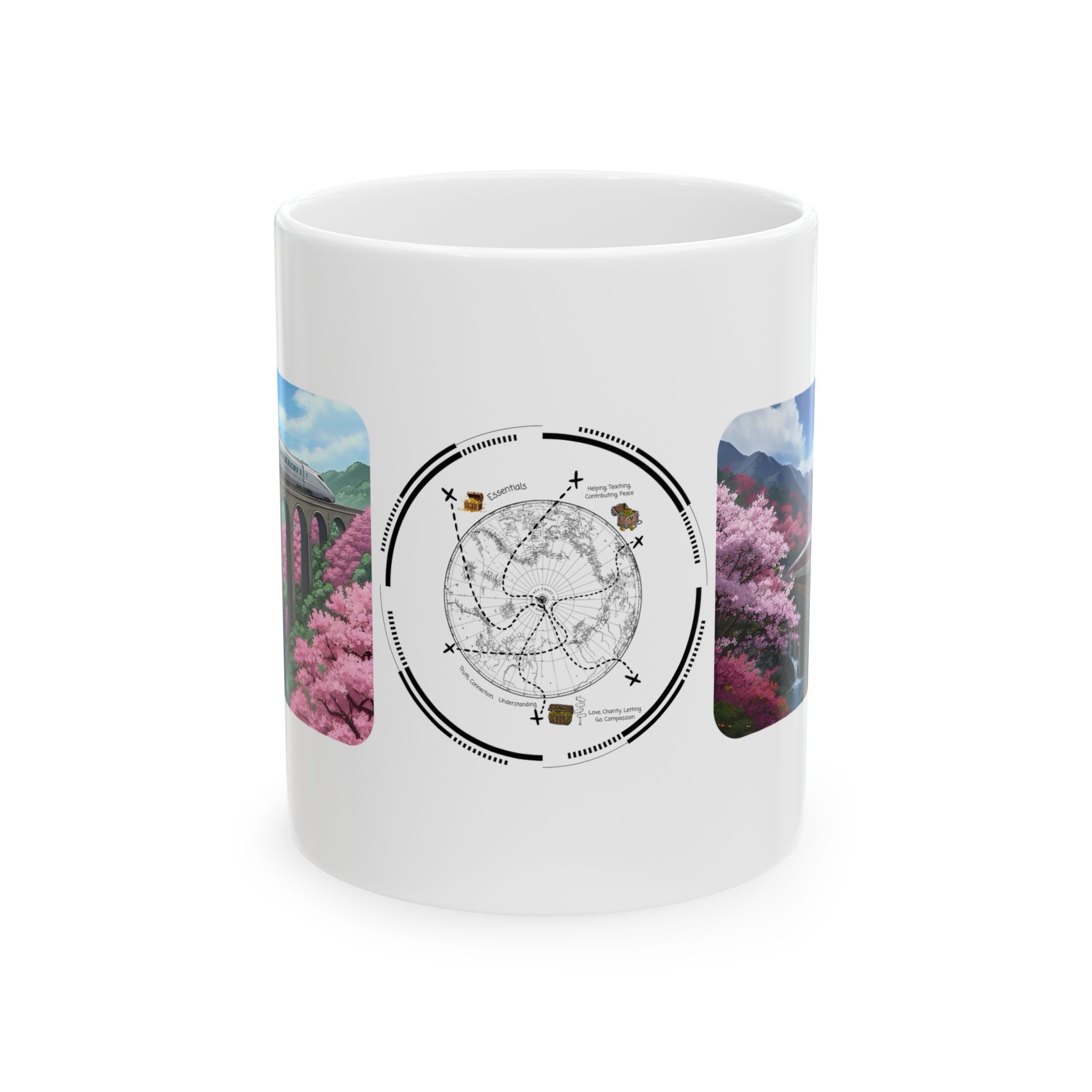 Springtime Cherry Blossom Bullet Train Express White Ceramic Mug, Serene Mountain Viaduct Sakura Railway Cup (11oz/15oz)