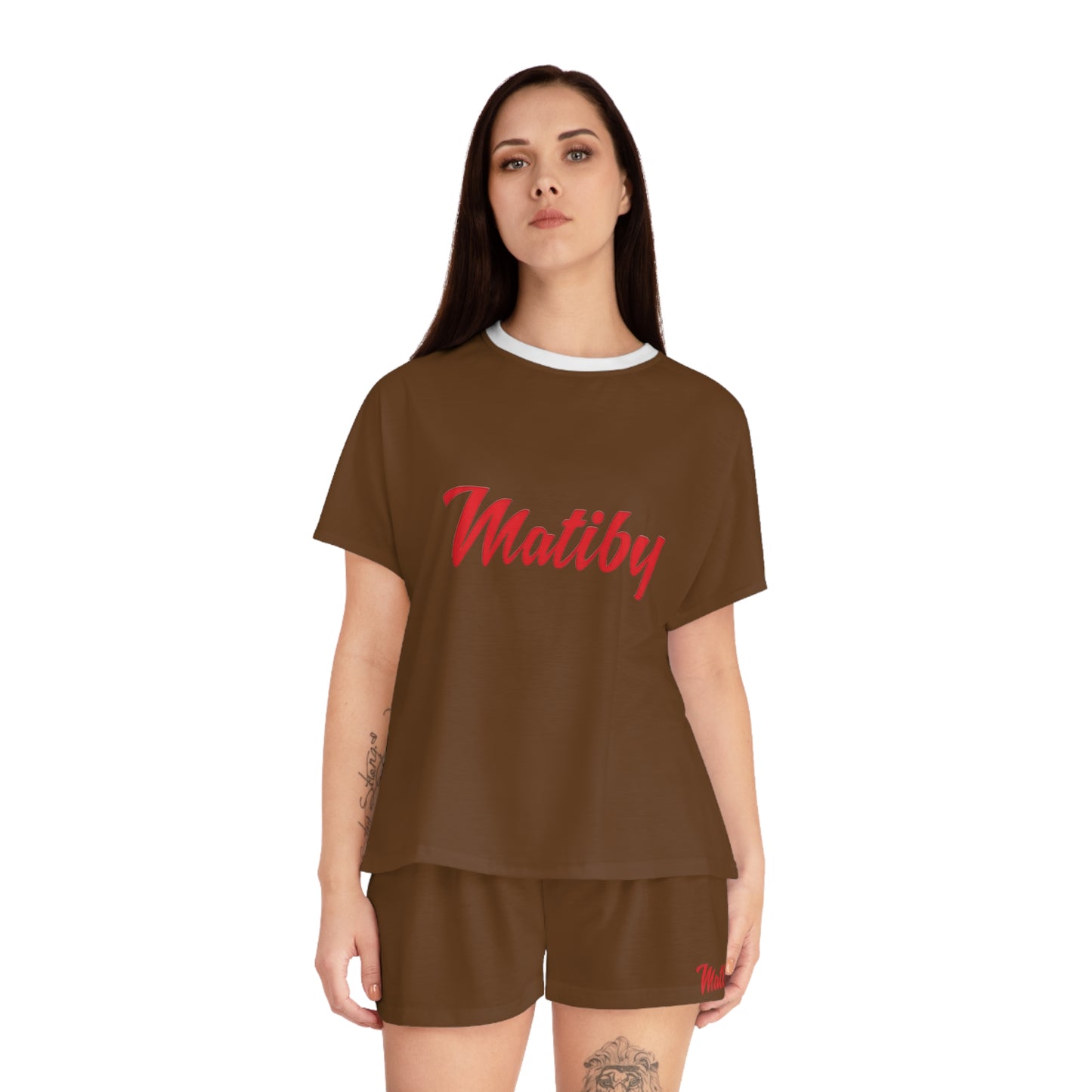 Matiby Women's Brown Short Pajama Set (AOP)