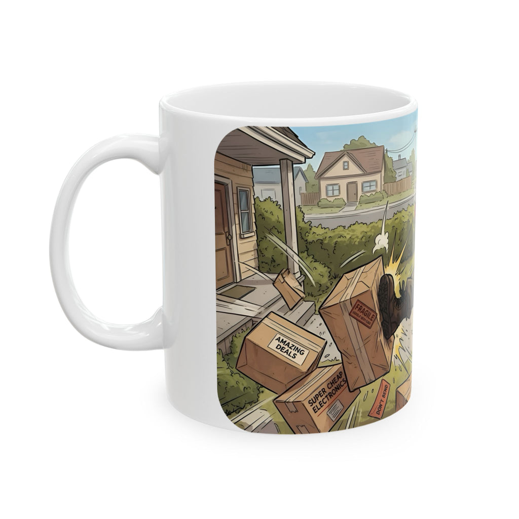 Delivery Worker Tales White Ceramic Mug (11oz/15oz), Relatable Life Snapshot "Gotta Hold It" Cup