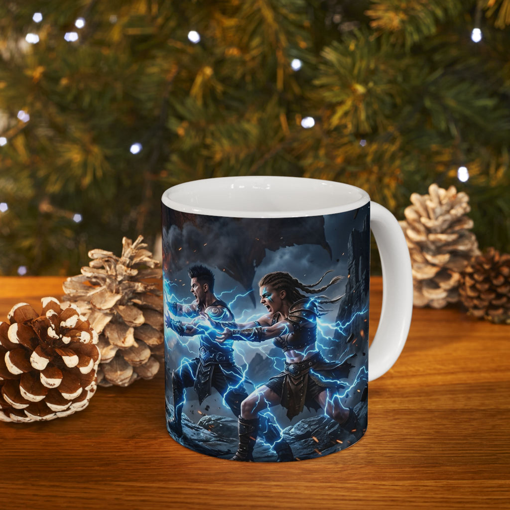 Dragon Battle #1 White Ceramic Mug — Epic Fantasy Gaming Adventure Scene (11oz, 15oz)