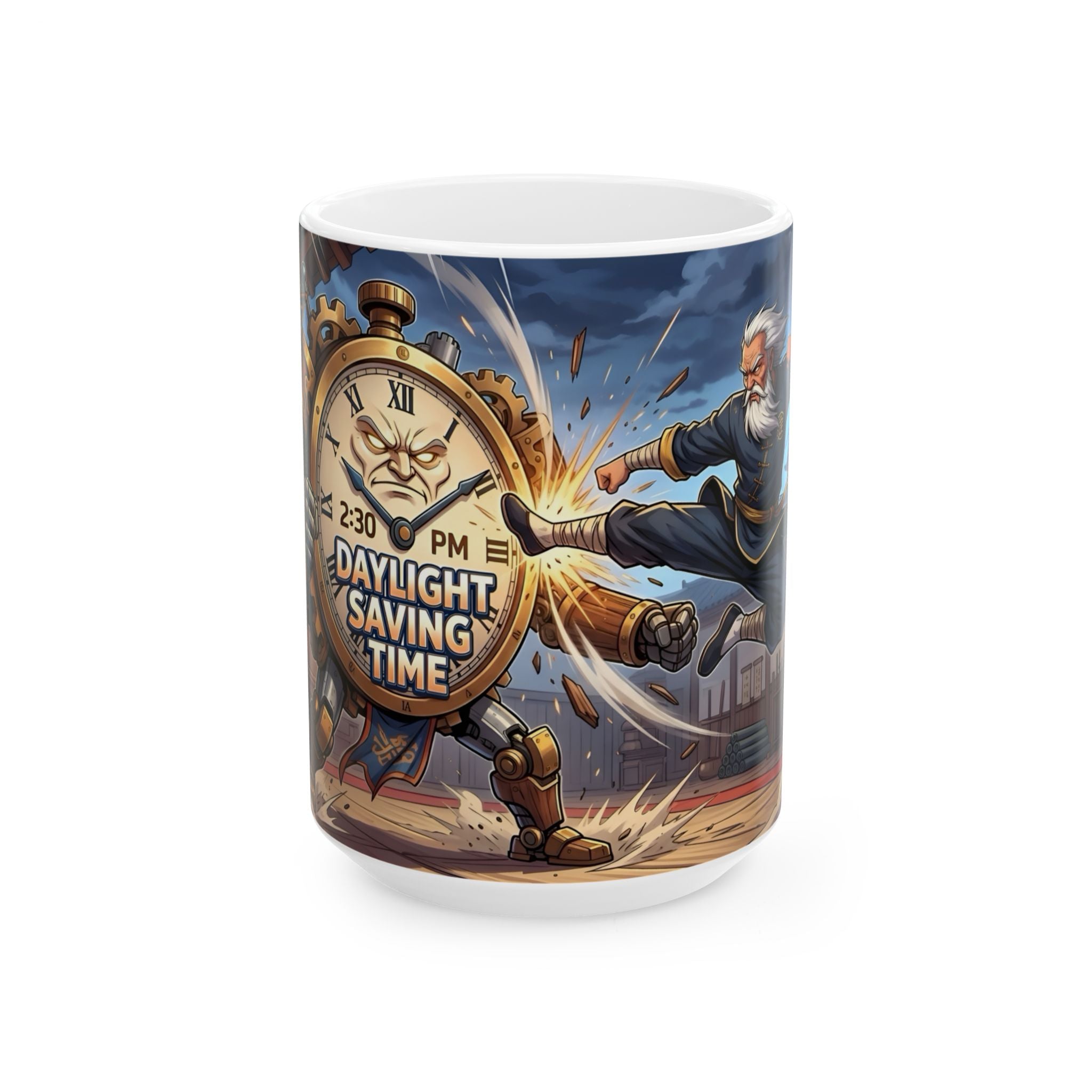 Daylight Saving Time Fight White Ceramic Mug – Brawling For Sleep Cup (11oz, 15oz)
