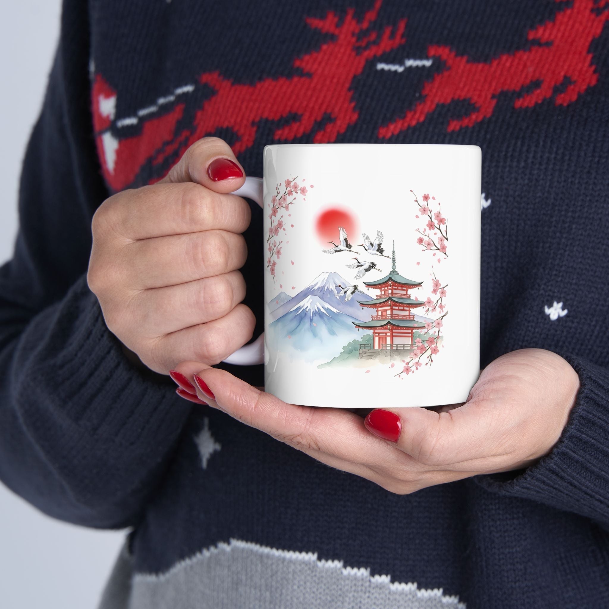 Cherry Blossom Mountain White Ceramic Mug - Japanese Sakura Scenic Tea Cup (11oz, 15oz)