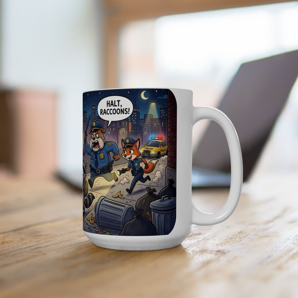 Rambunctious Ringtails White Ceramic Mug — Funny Raccoon Heist Night Scene Cup (11oz, 15oz)