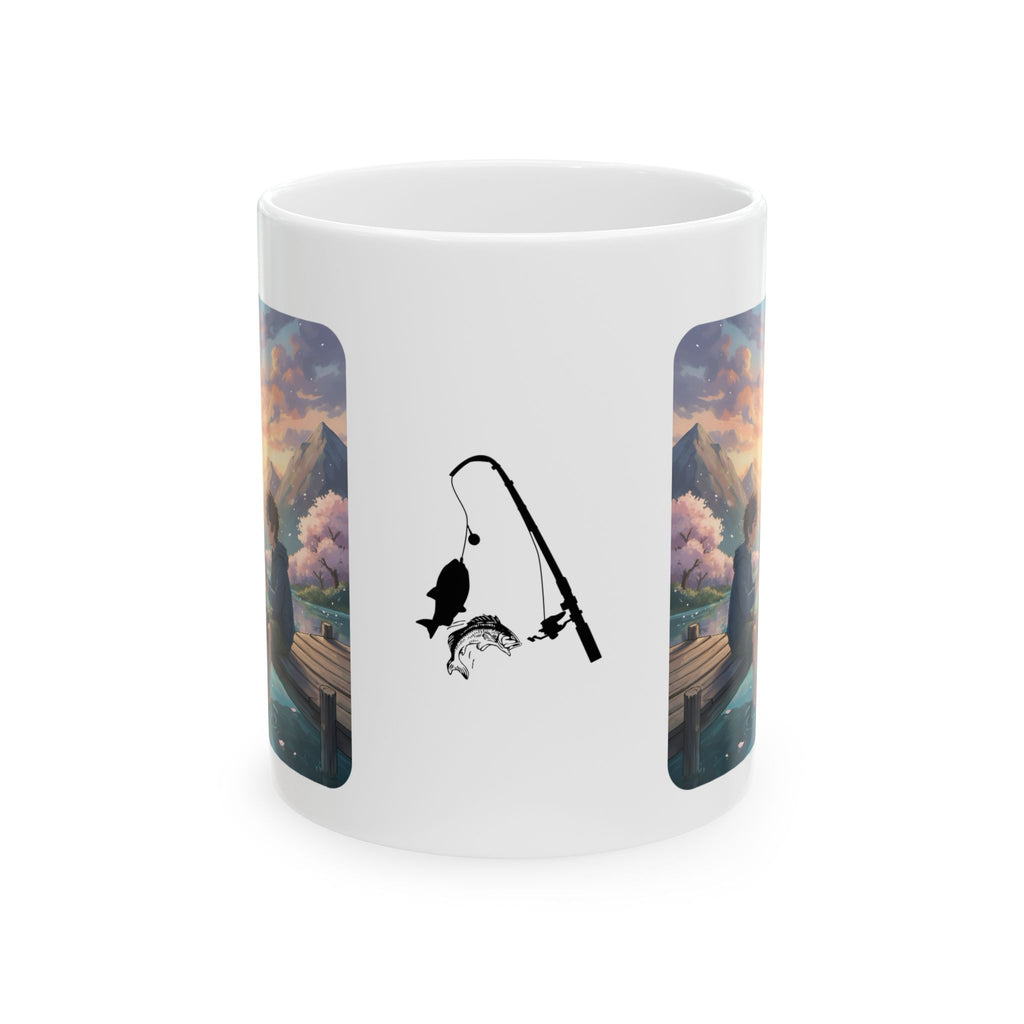 Boy Fishing at Sunset on Lakefront Pier White Ceramic Mug, Mountain View Cherry Blossom Serenity Cup (11oz, 15oz)
