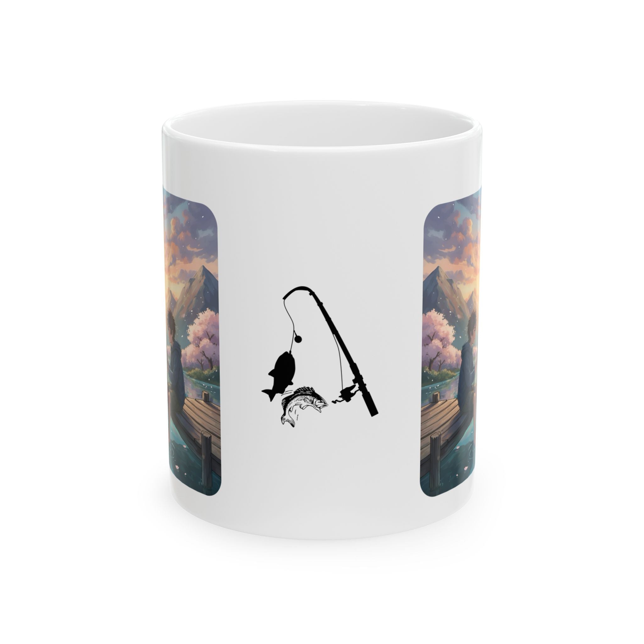 Boy Fishing at Sunset on Lakefront Pier White Ceramic Mug, Mountain View Cherry Blossom Serenity Cup (11oz, 15oz)