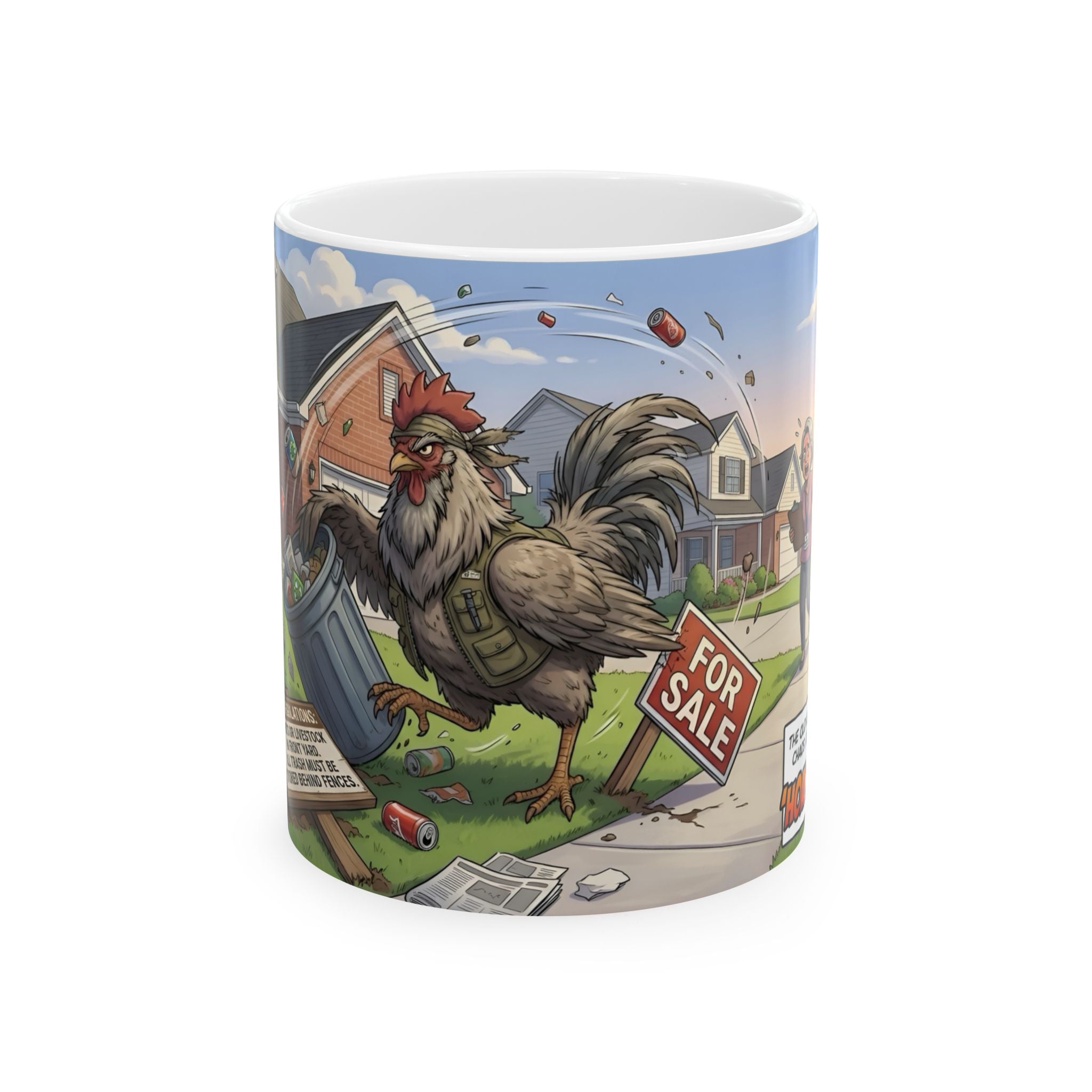 Rooster Rebellion White Ceramic Mug – Funny Morning HOA Trouble Cup (11oz/15oz)
