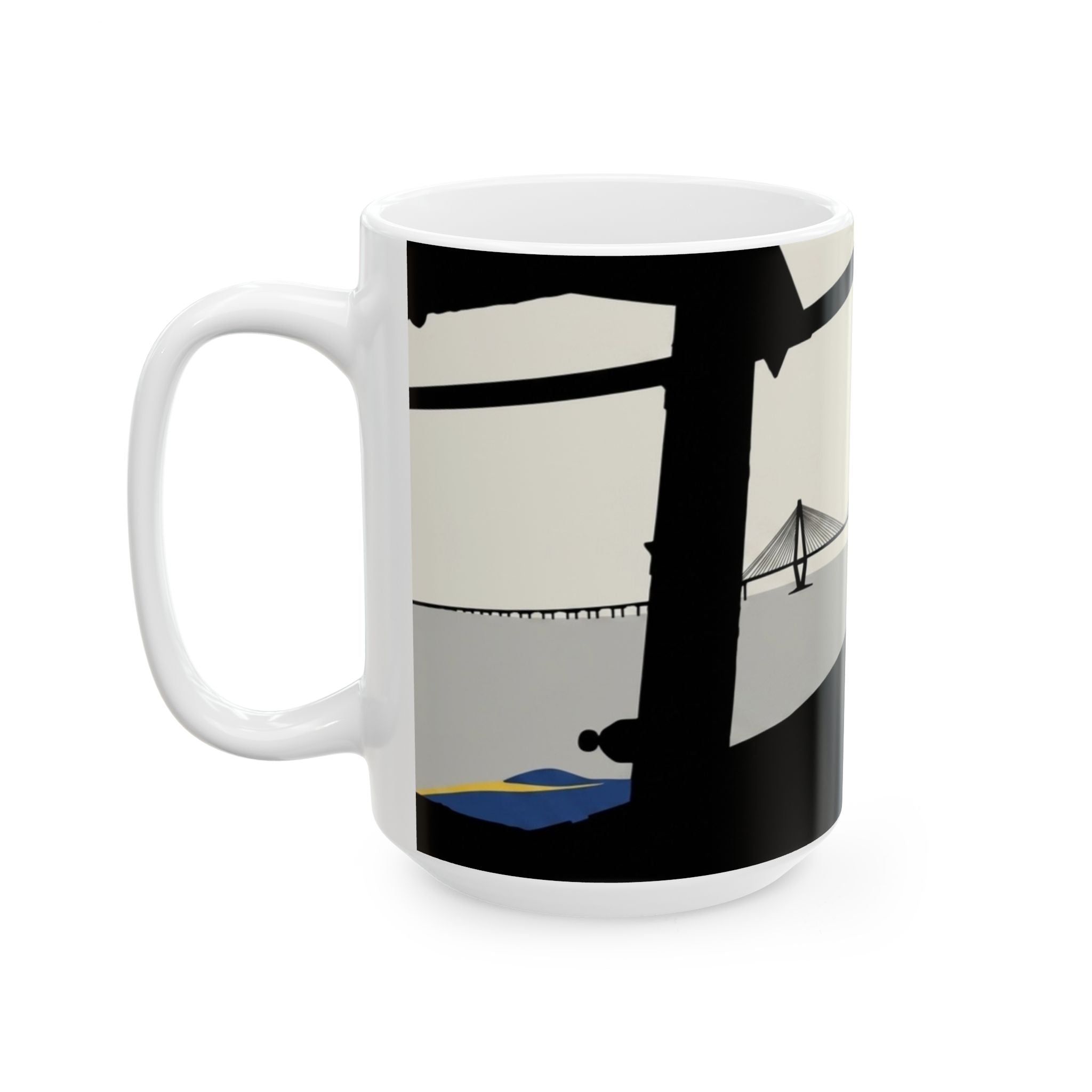 City Bridge Silhouette Scenic White Ceramic Mug – Waterfront Battleship View Cup (11 oz, 15 oz)