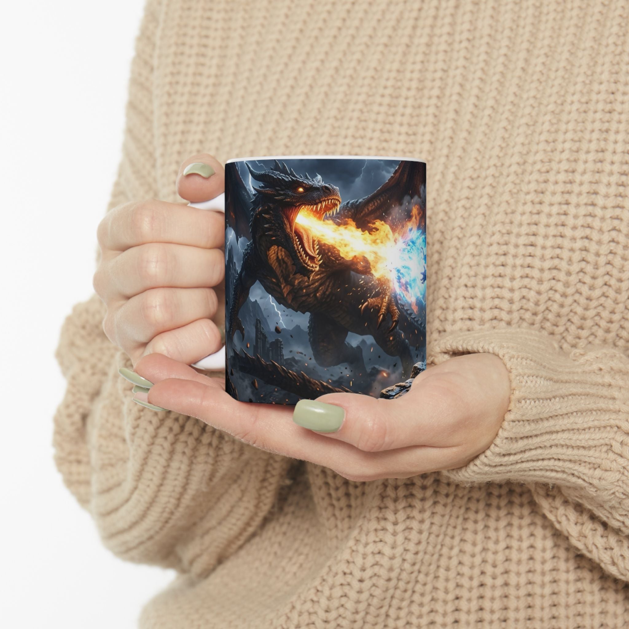 Dragon Battle #1 White Ceramic Mug — Epic Fantasy Gaming Adventure Scene (11oz, 15oz)