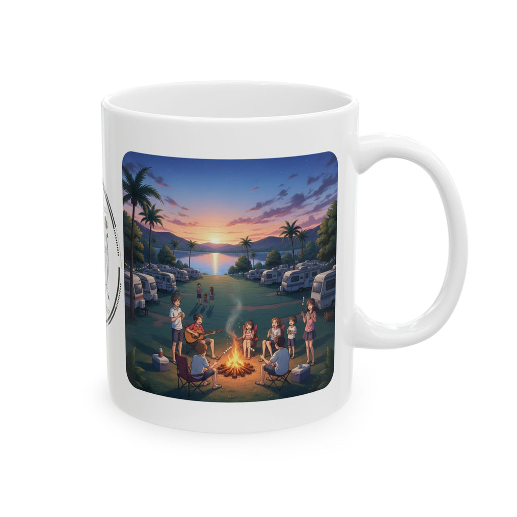 Cozy Sunset Lake Travel Adventure White Ceramic Mug — Vintage Map Compass & Tropical RV Roadtrip Cup (11oz/15oz)