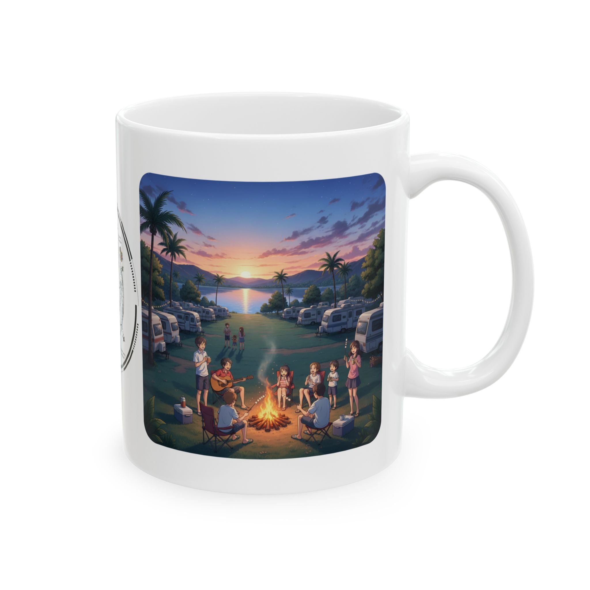 Cozy Sunset Lake Travel Adventure White Ceramic Mug — Vintage Map Compass & Tropical RV Roadtrip Cup (11oz/15oz)