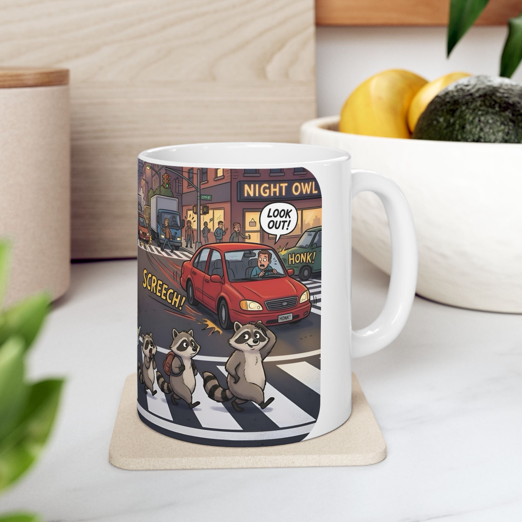 Raccoon Crosswalk White Ceramic Mug (11oz/15oz) – Cute Urban Wildlife Tea Cup