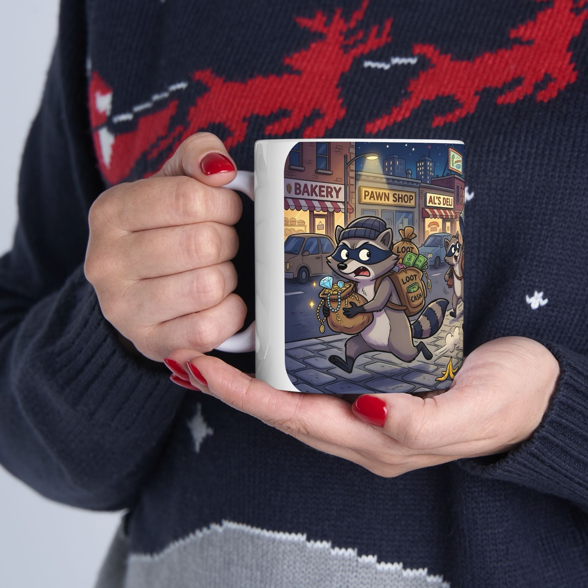 Rambunctious Ringtails White Ceramic Mug — Funny Raccoon Heist Night Scene Cup (11oz, 15oz)