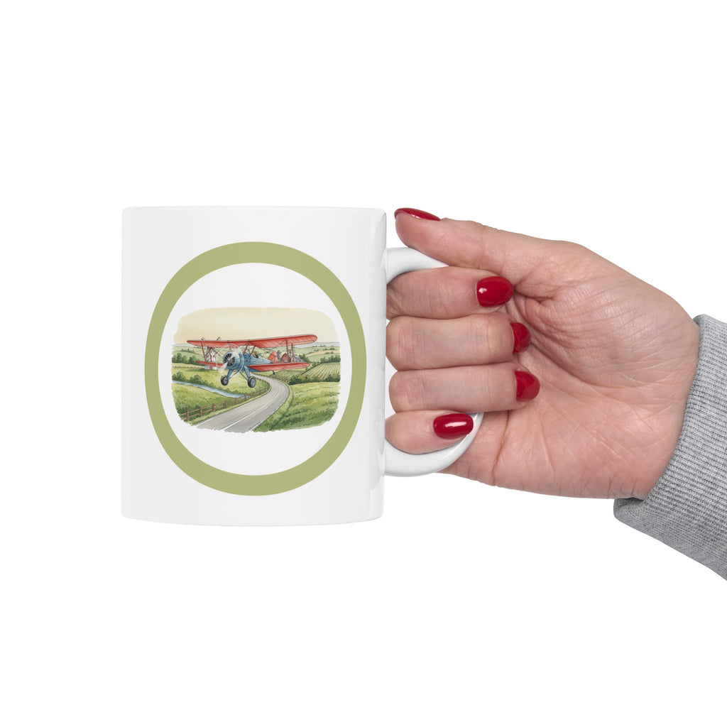 Countryside Airplane White Ceramic Mug — Vintage Biplane Landscape Tea Cup (11oz & 15oz)