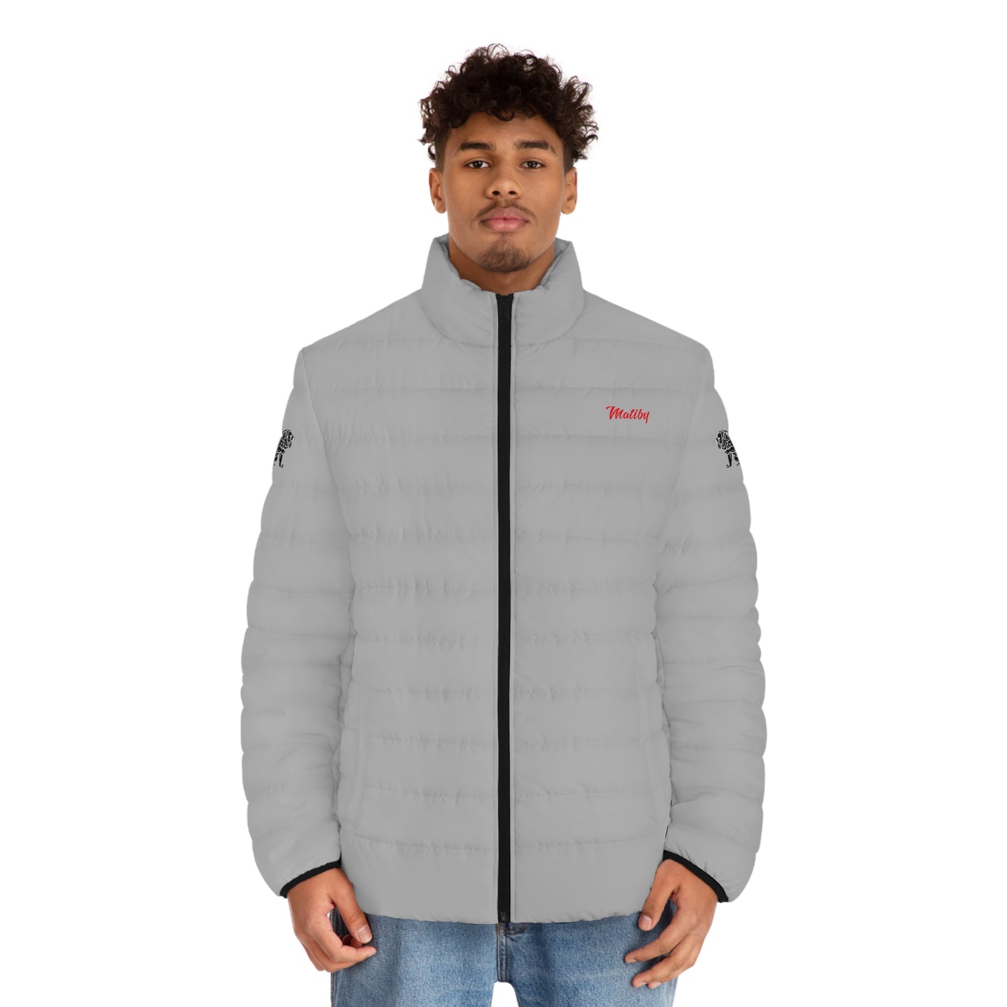 Men's Light Grey Puffer Jacket (AOP)