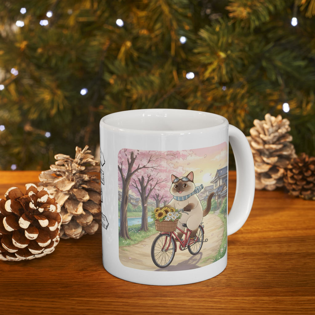 Kawaii Cats Riding Bikes in Sakura Japan White Ceramic Mug — Peaceful River Happy Paws Cup, 11o z & 15oz