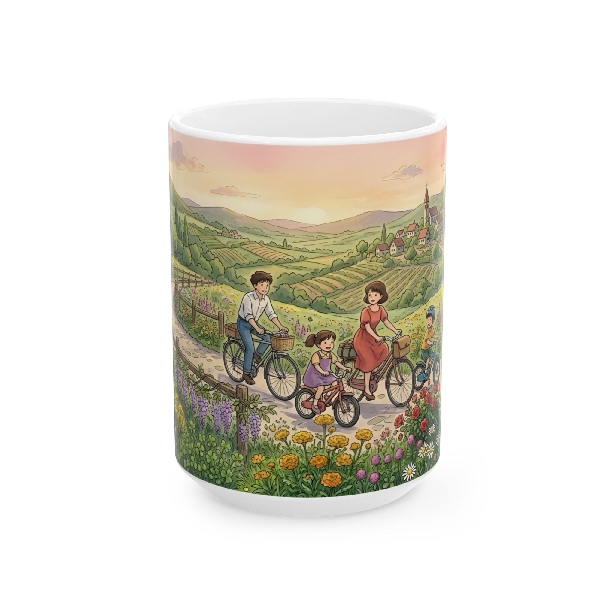 Scenic Family Bike Ride White Ceramic Mug – Countryside Morning Together Cup (11oz & 15oz)