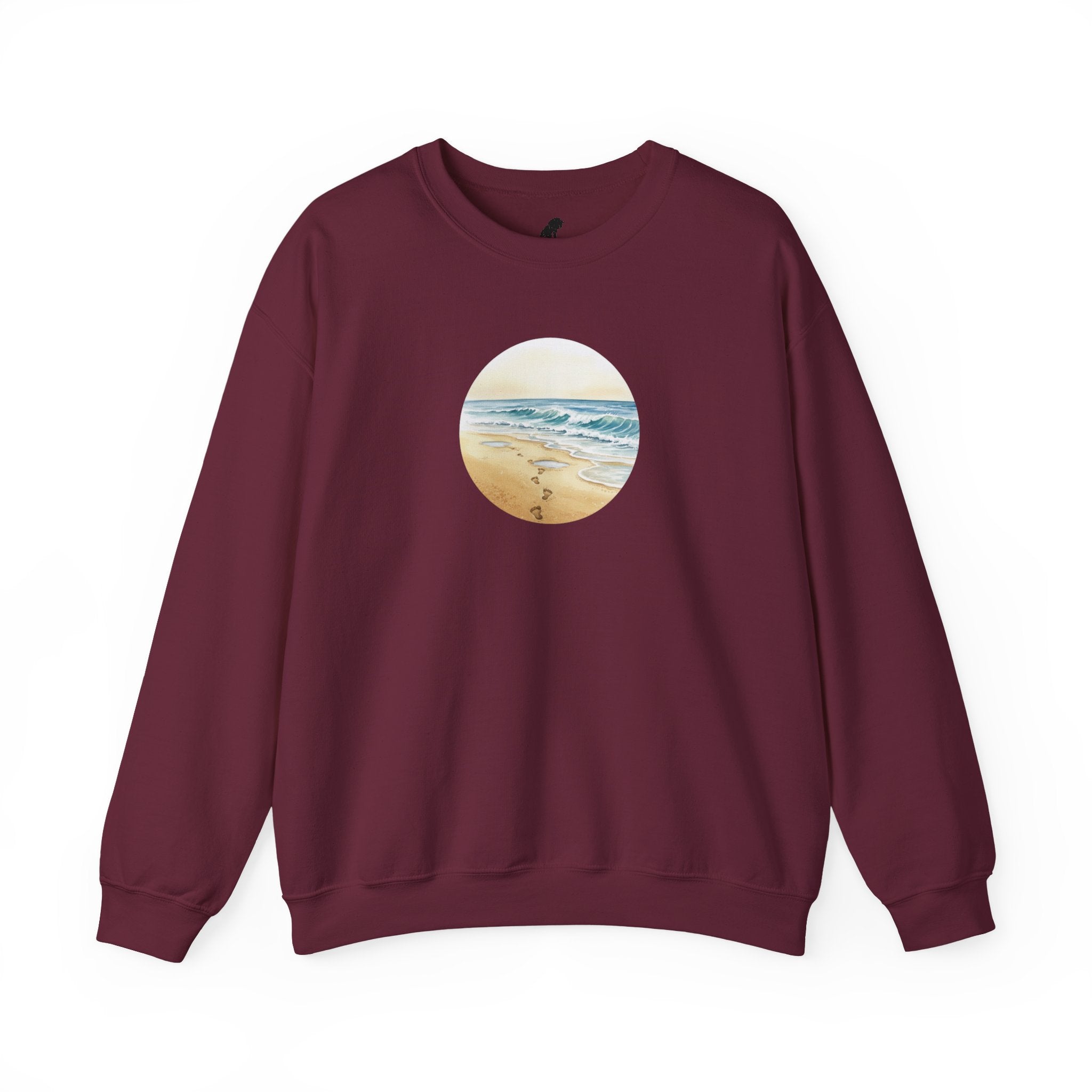 Beach Circle Crewneck Sweatshirt — Coastal Footprints In The Sand At Sunset Sweater