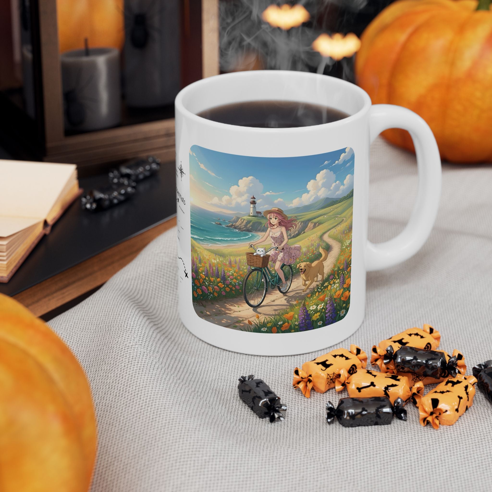 Faithful Friends, Golden Retriever, Orange & White Cats White Ceramic Mug — Calm Lighthouse Reflections Anime Girl Boho Beach Vibes Cup (11oz, 15oz)