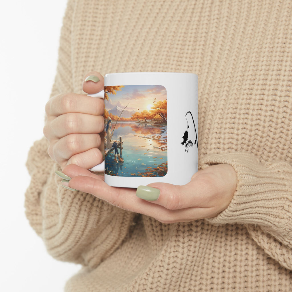 Cozy Anime Girl Joyful Fishing Lake Adventure White Ceramic Mug — Scenic Autumn Aesthetic Mountain Landscape Tea Cup (11oz/15oz)