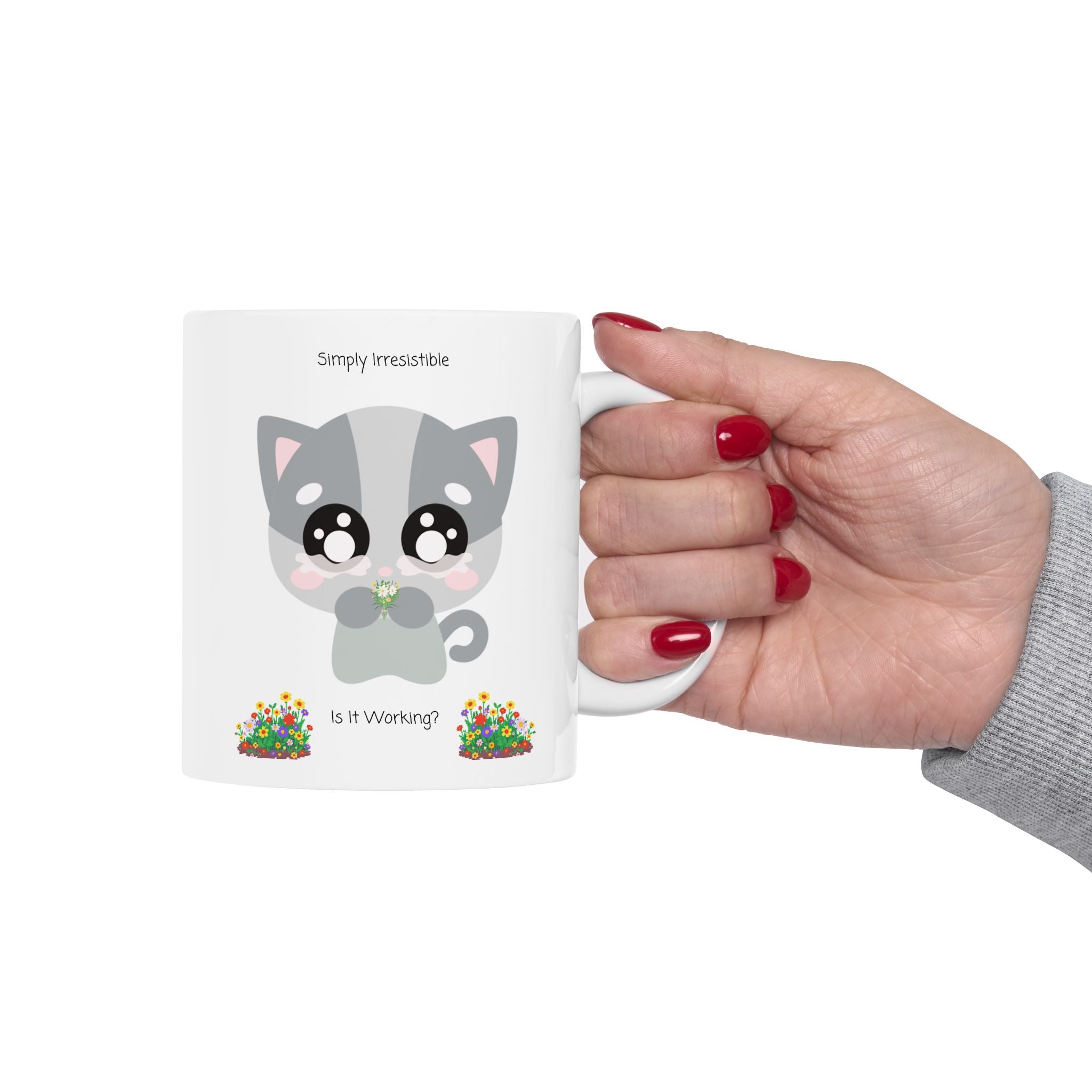 Cozy Simply Irresistible Cat White Ceramic Mug — Floral Kitten Lover Tea Cup (11oz, 15oz)