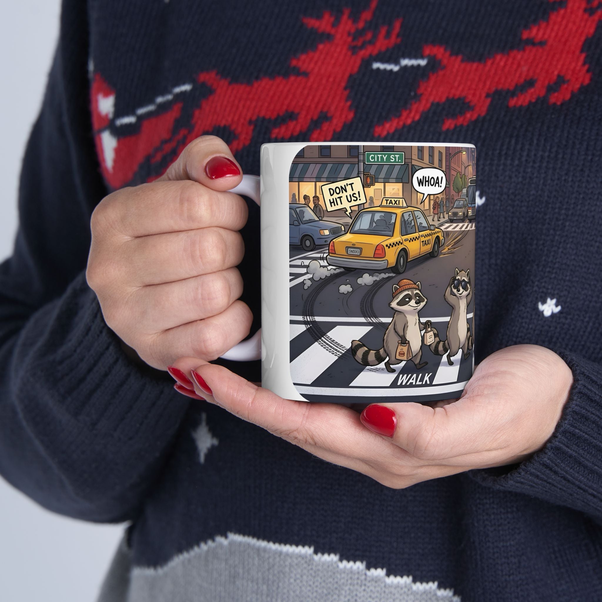 Raccoon Crosswalk White Ceramic Mug (11oz/15oz) – Cute Urban Wildlife Tea Cup