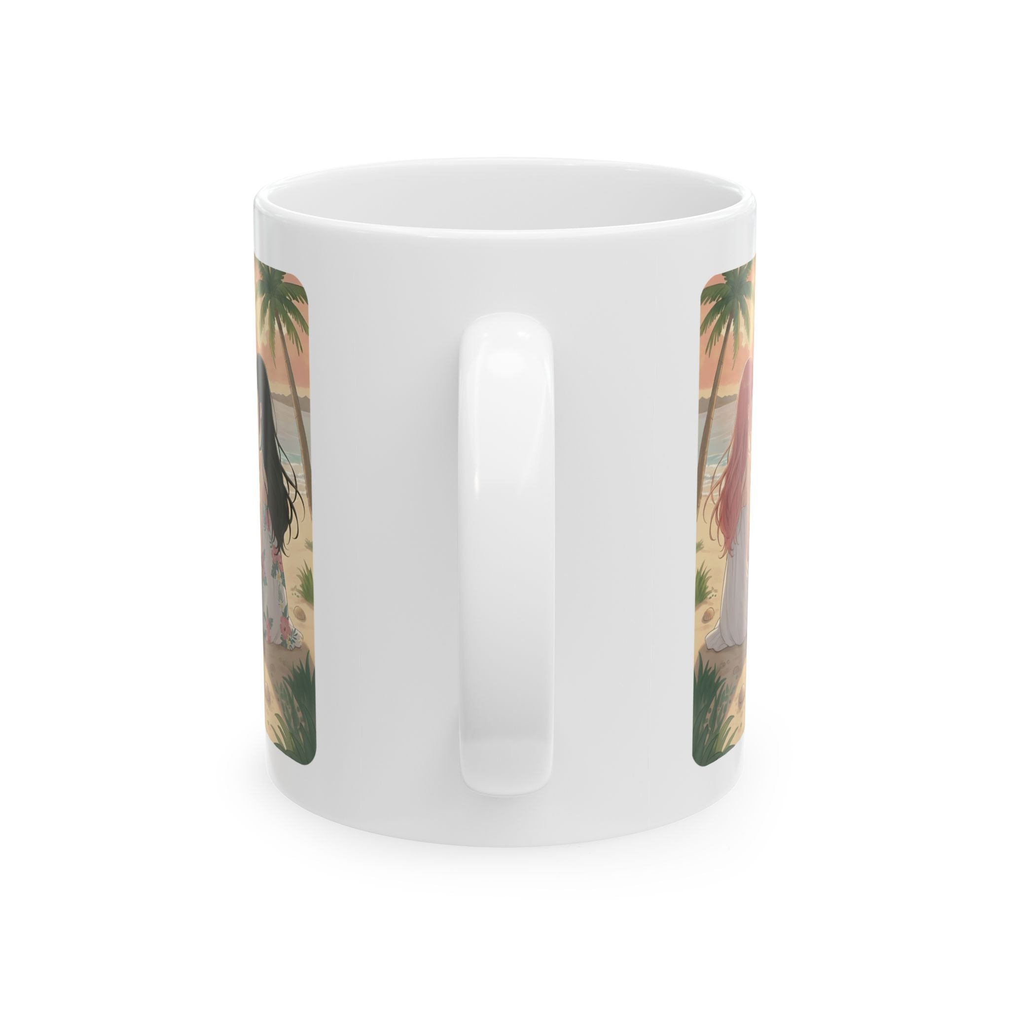 West Highland Terrier Dog, Siamese and Tabby Cats Coastal Decor White Ceramic Mug, Cozy Tropical Seascape Anime Girl Sunset Cup (11oz, 15oz)
