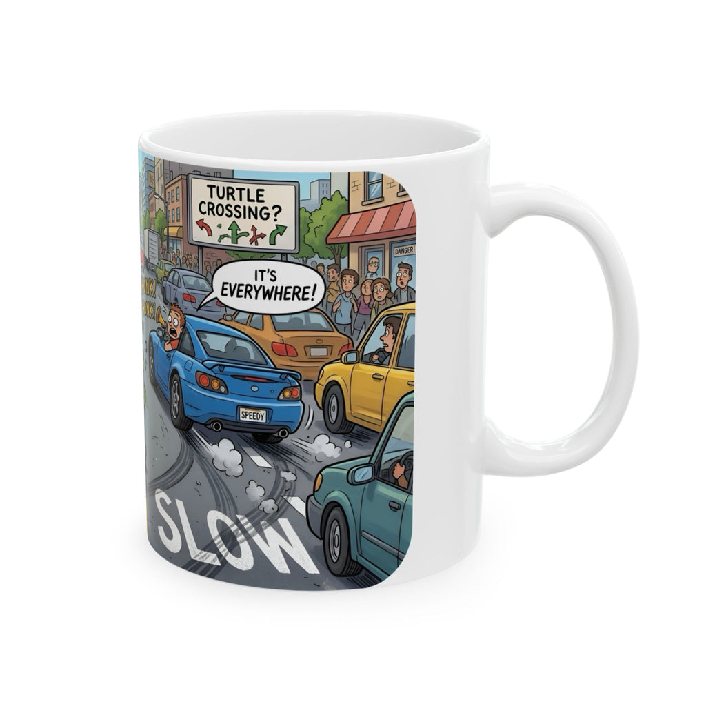 Cute Turtle Crossing White Ceramic Mug, Cruising Vibes Cup (11oz, 15oz)