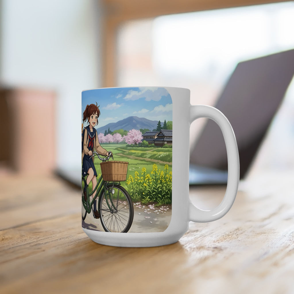 A Quiet Moment of Escape White Ceramic Mug — Sunlit Spring Sakura Cycling Cup (11oz, 15oz)