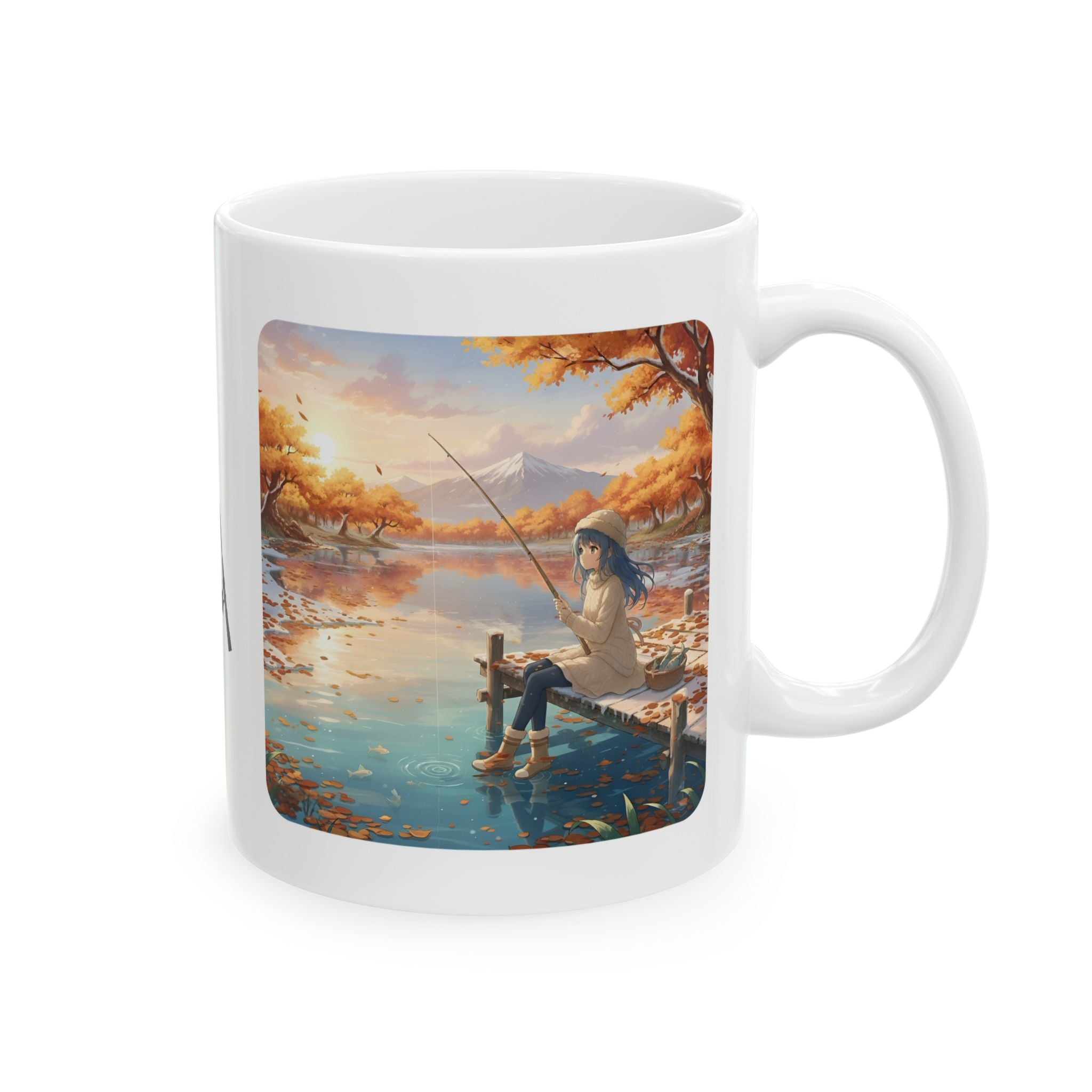 Cozy Anime Girl Joyful Fishing Lake Adventure White Ceramic Mug — Scenic Autumn Aesthetic Mountain Landscape Tea Cup (11oz/15oz)