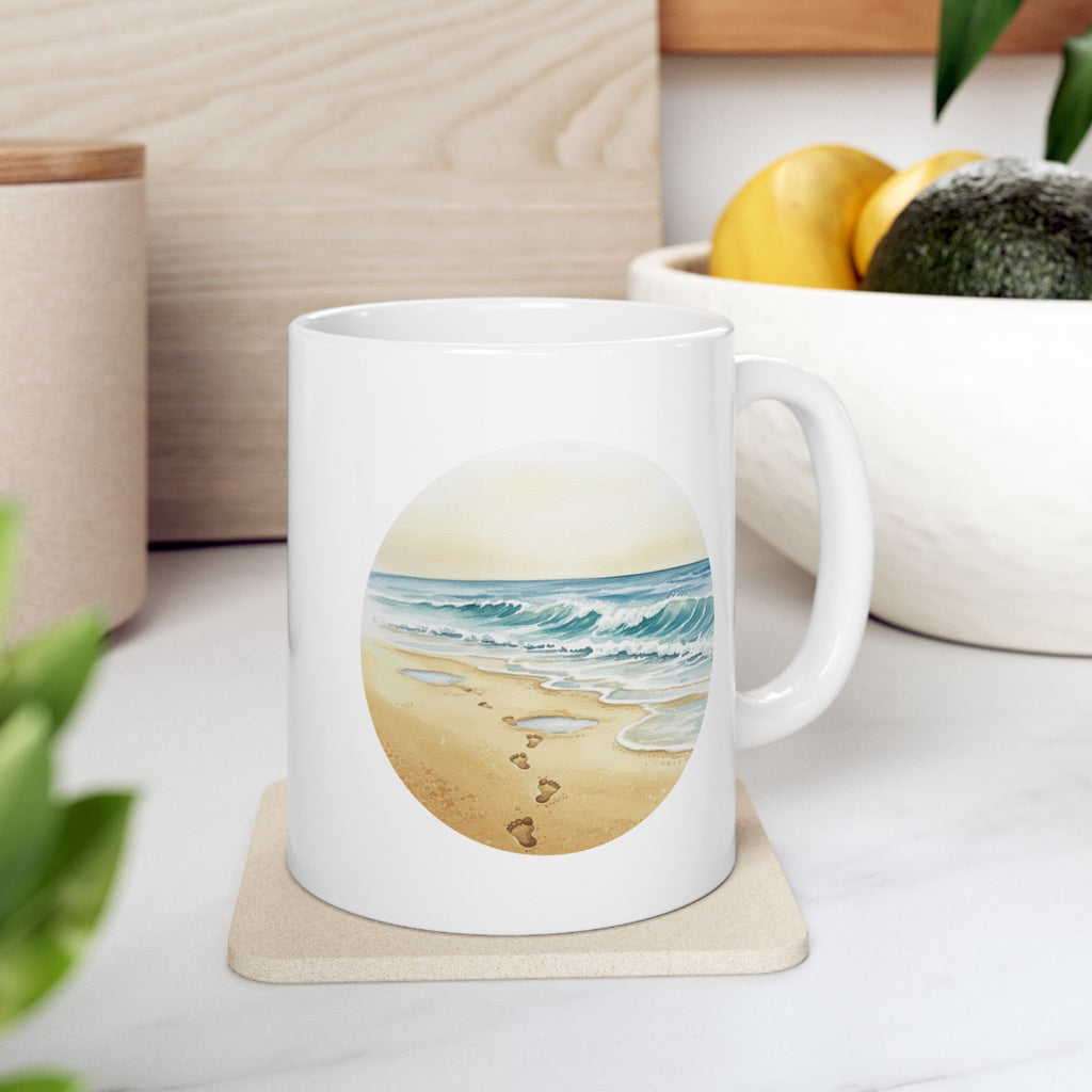 Sea Shore With Footprints In The Sand White Ceramic Mug — Beach Waves Getaway To Tranquility (11oz & 15oz)
